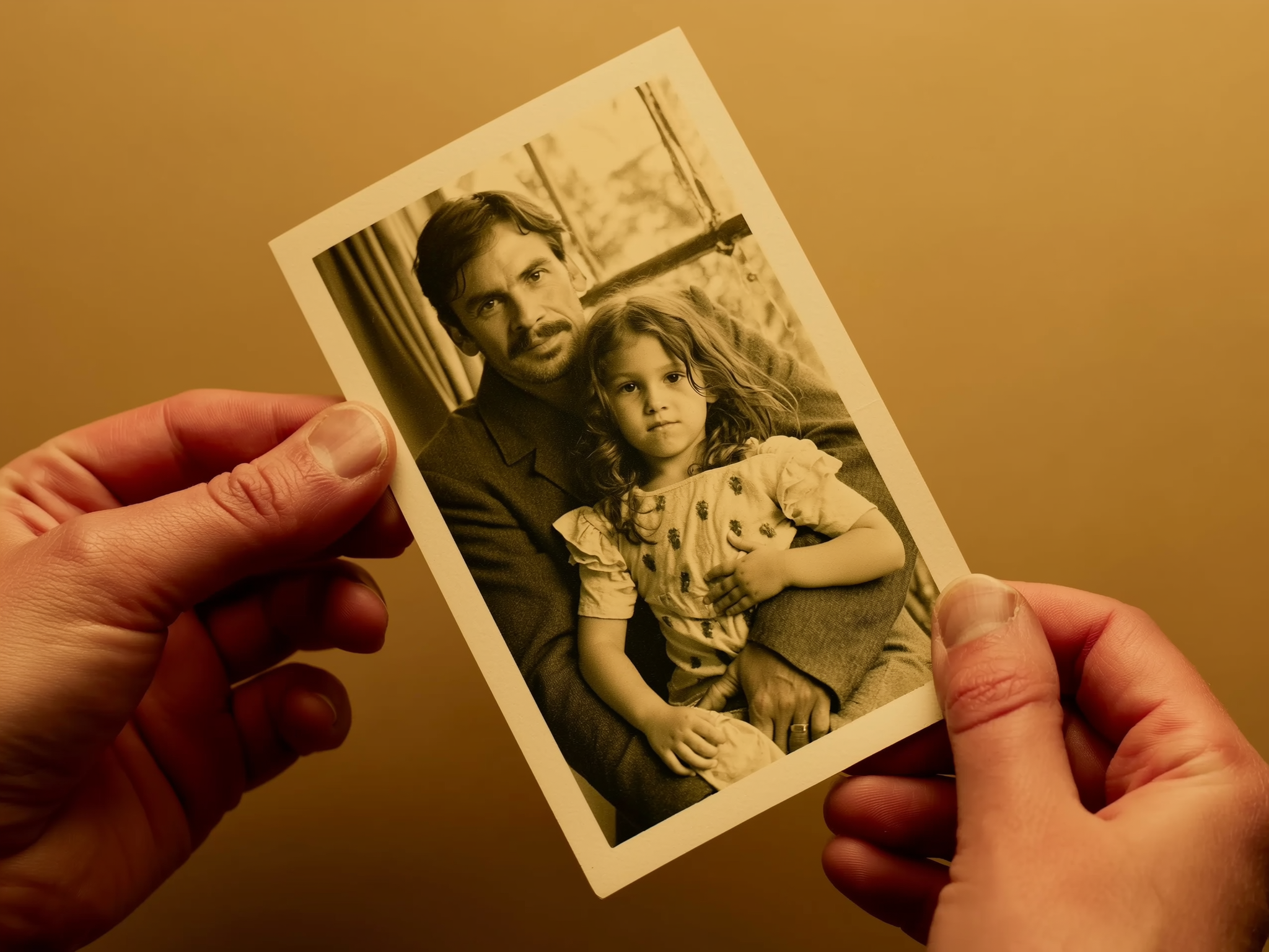Manos sosteniendo fotografía familiar de padre e hija, simbolizando los recuerdos en el duelo