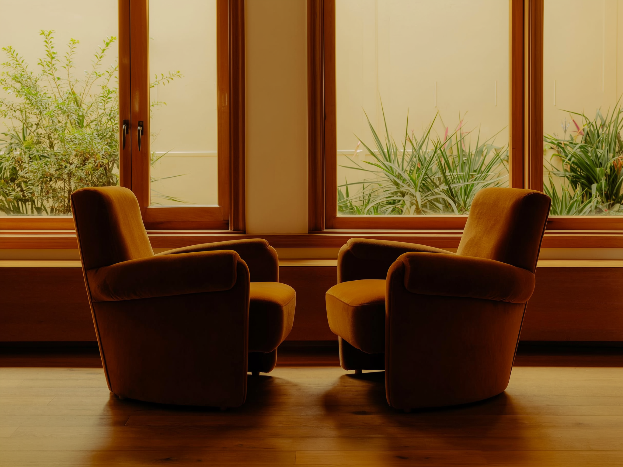 Consulta de psicología acogedora con dos sillones y luz natural, ambiente terapéutico profesional