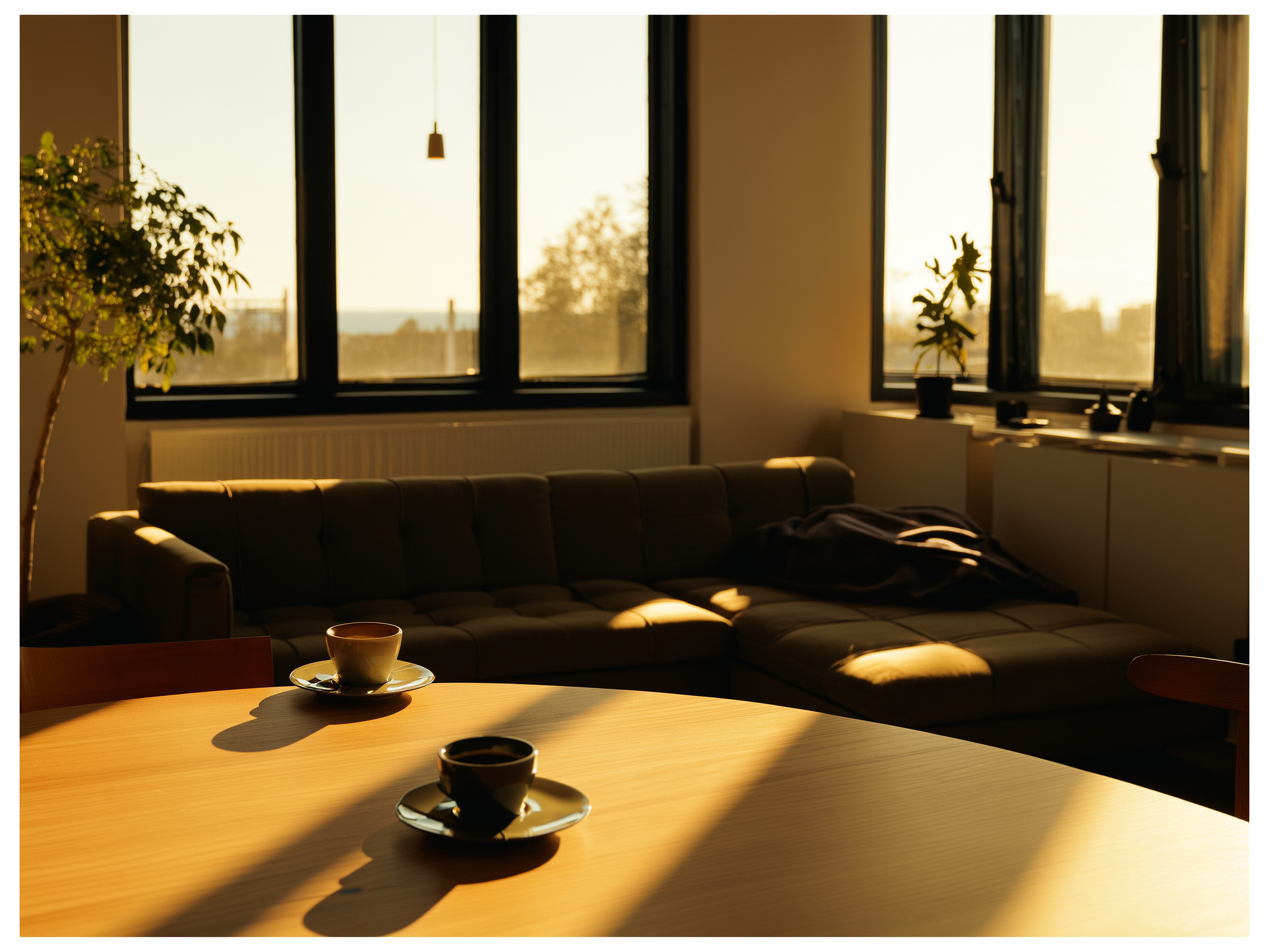 Pareja sentada en sofá con espacio entre ellos mirando por la ventana