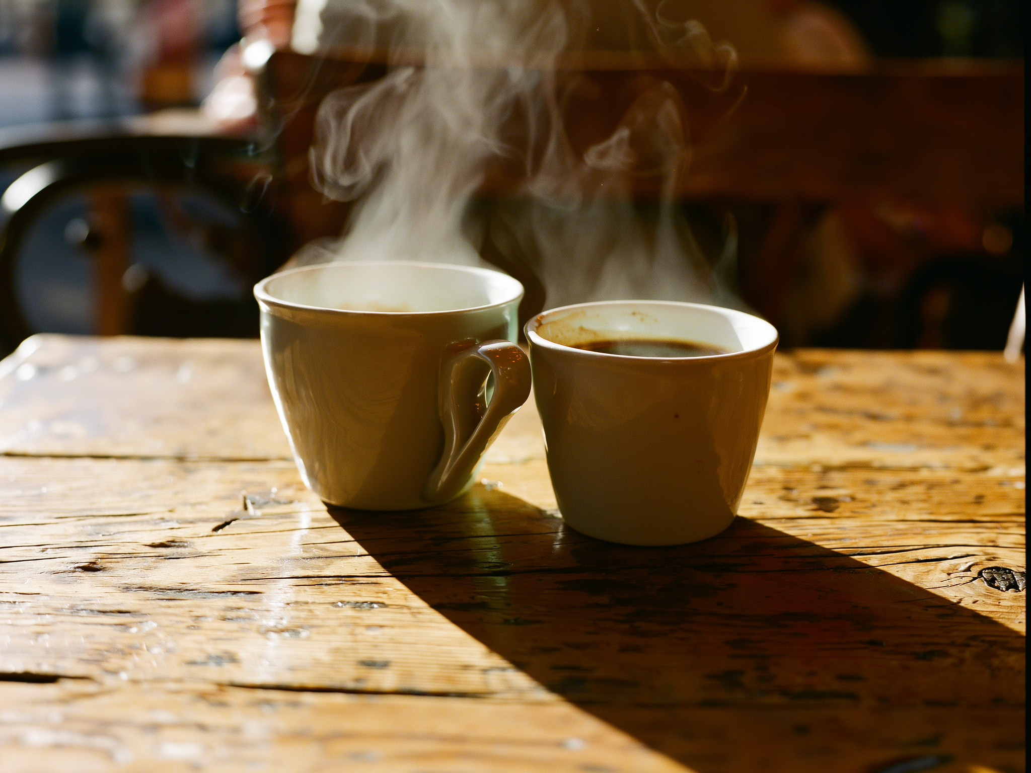 Dos tazas de café humeantes en una mesa de madera, simbolizando momentos de conexión