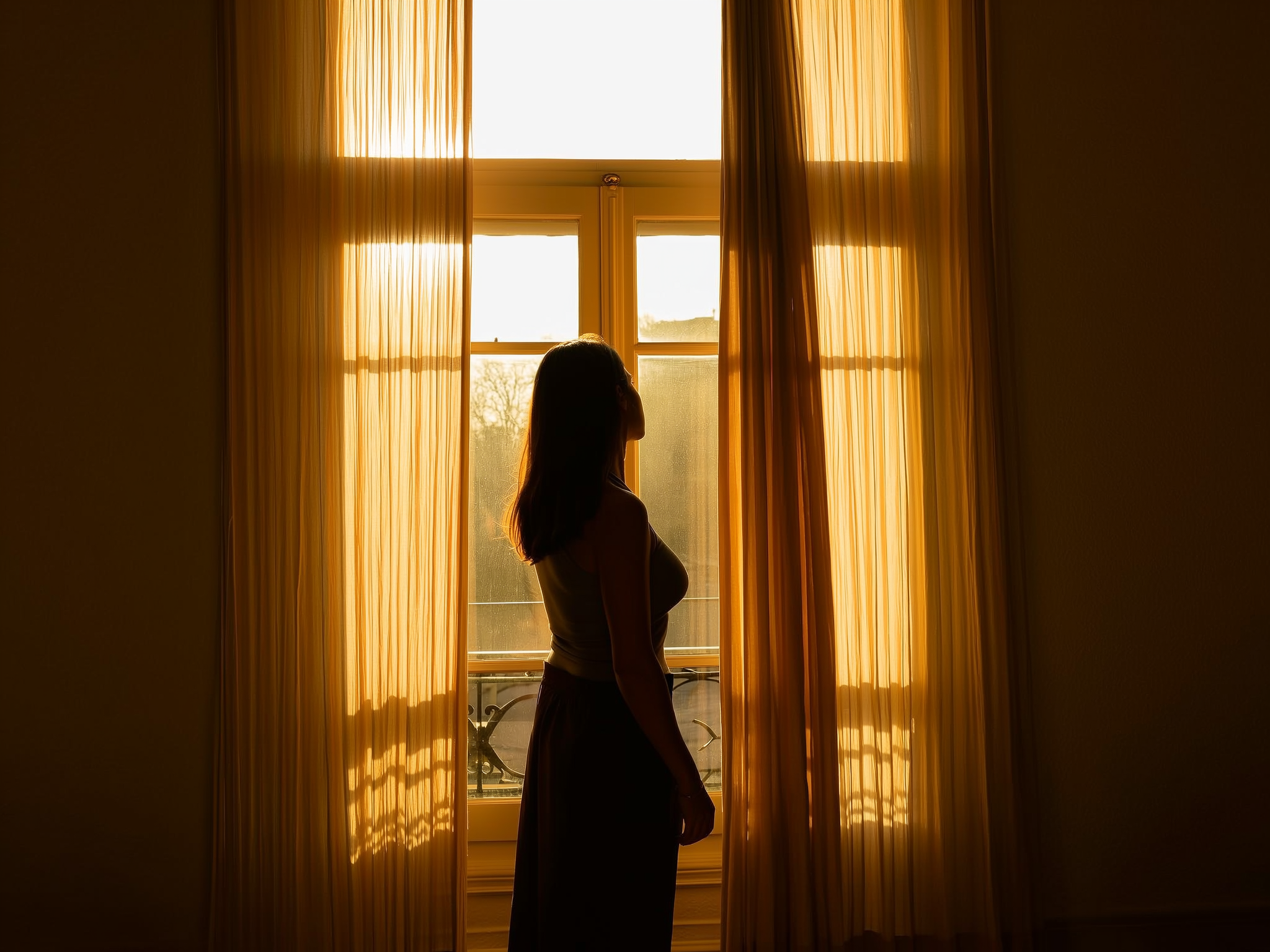 Mujer contemplando por ventana con luz suave matutina reflejando introspección y calma