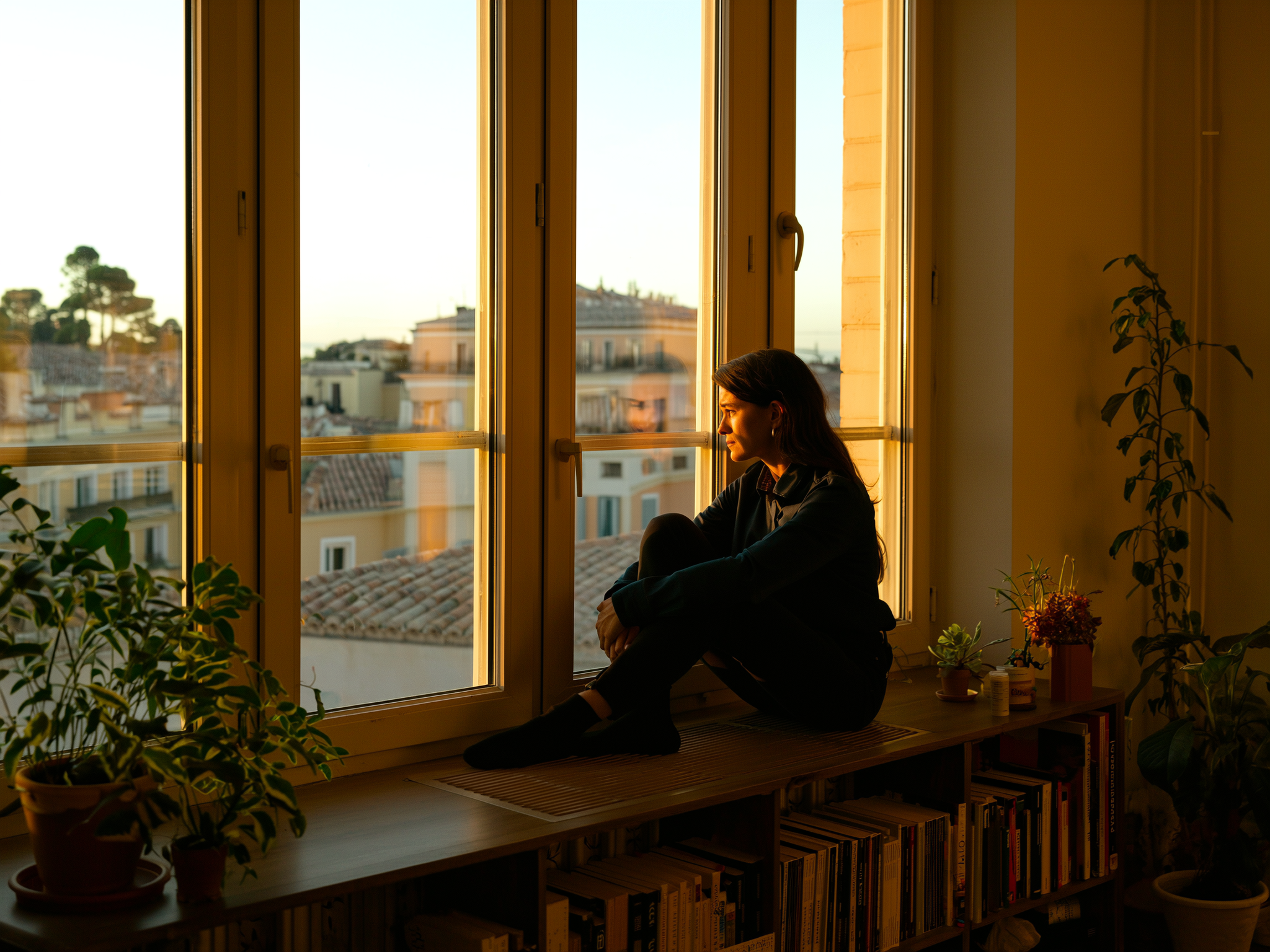 Mujer contemplativa mirando por la ventana en una tarde dorada, reflejando la melancolía del duelo por amistad perdida