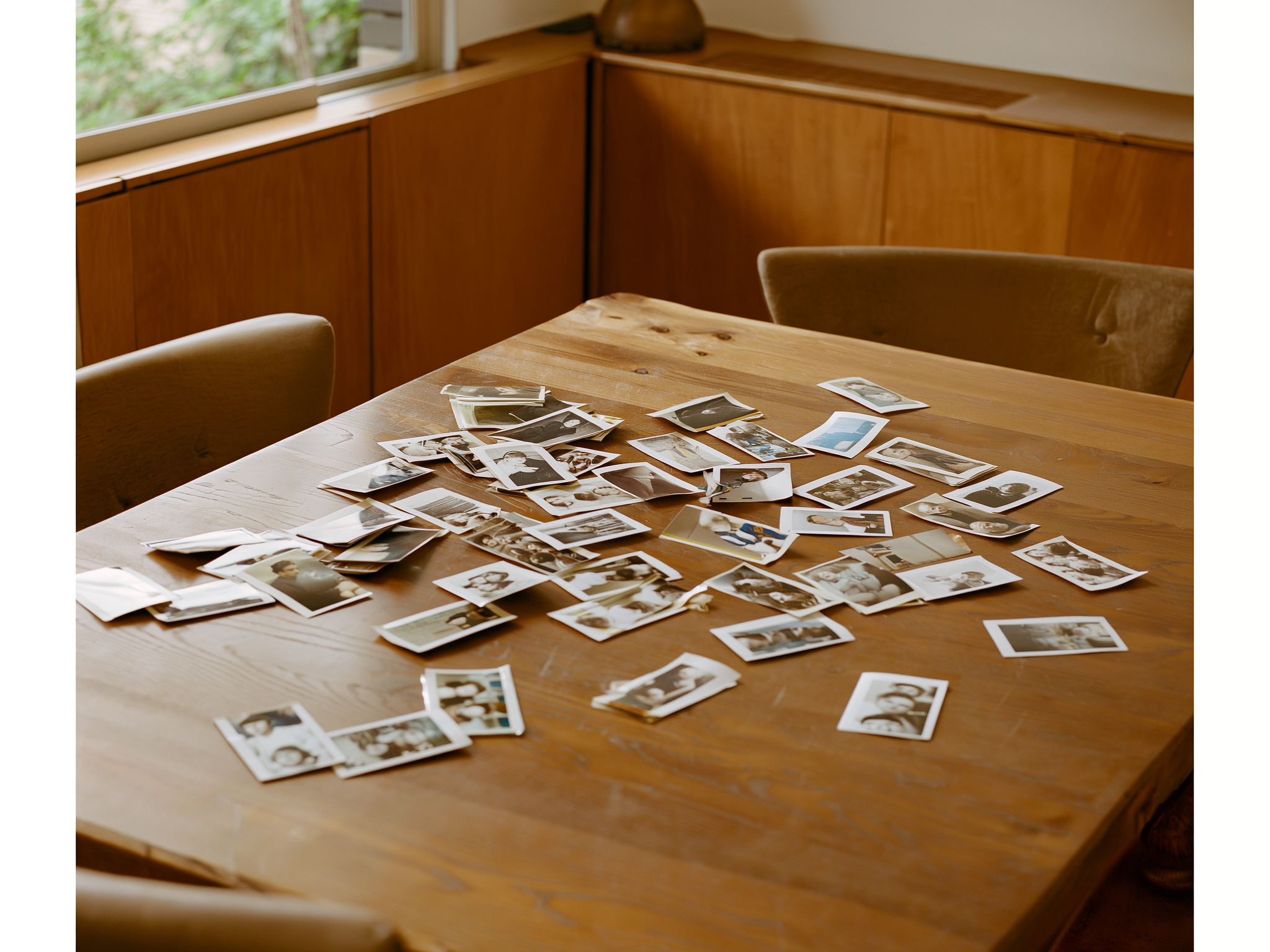 Fotografías familiares sobre una mesa iluminada por luz natural, evocando recuerdos compartidos