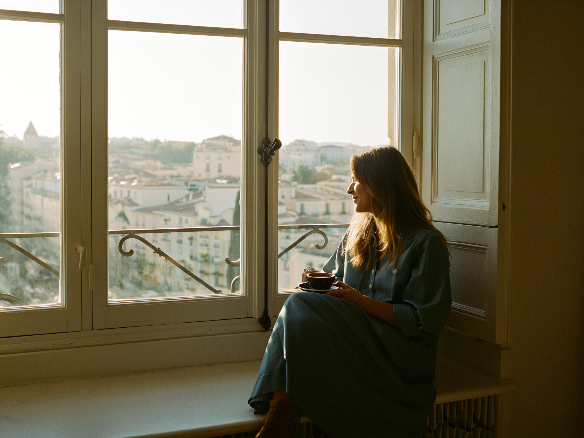 Mujer contemplando tranquilamente desde una ventana con luz suave del amanecer