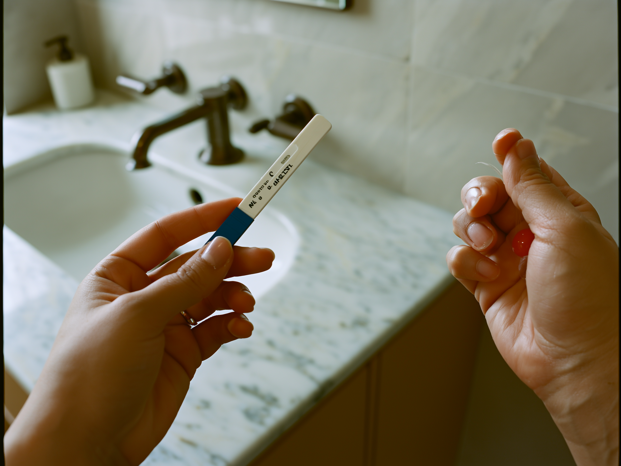 Manos sosteniendo una prueba de embarazo positiva en un ambiente tranquilo