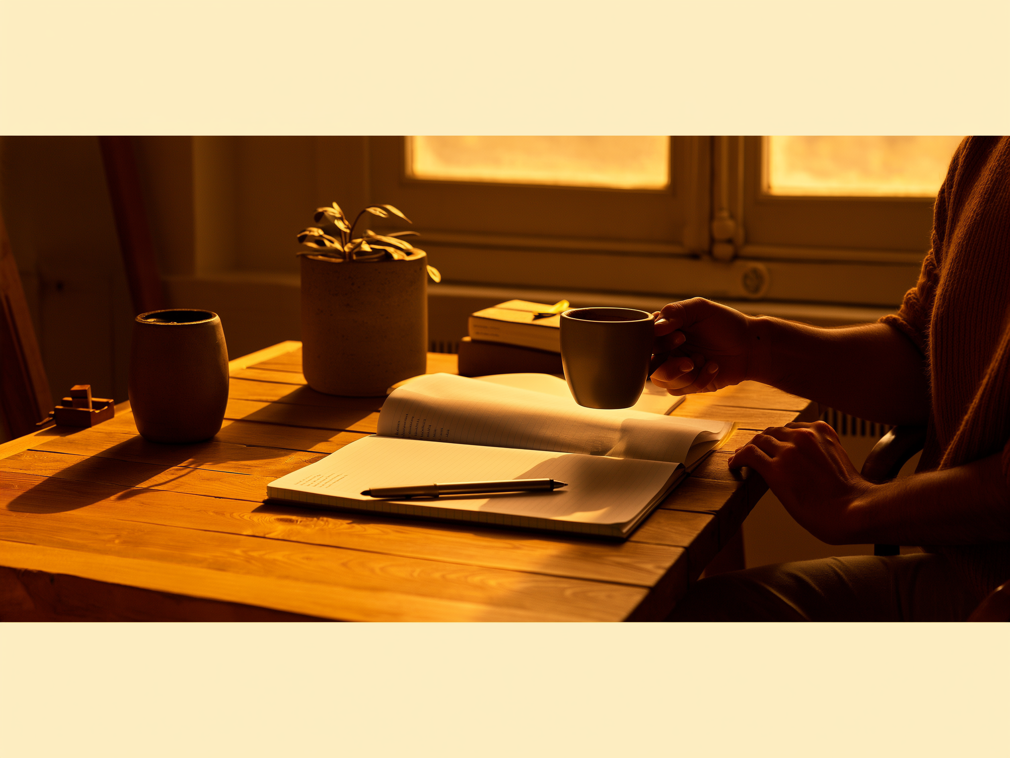 Manos sosteniendo una taza de café en un escritorio con diario personal
