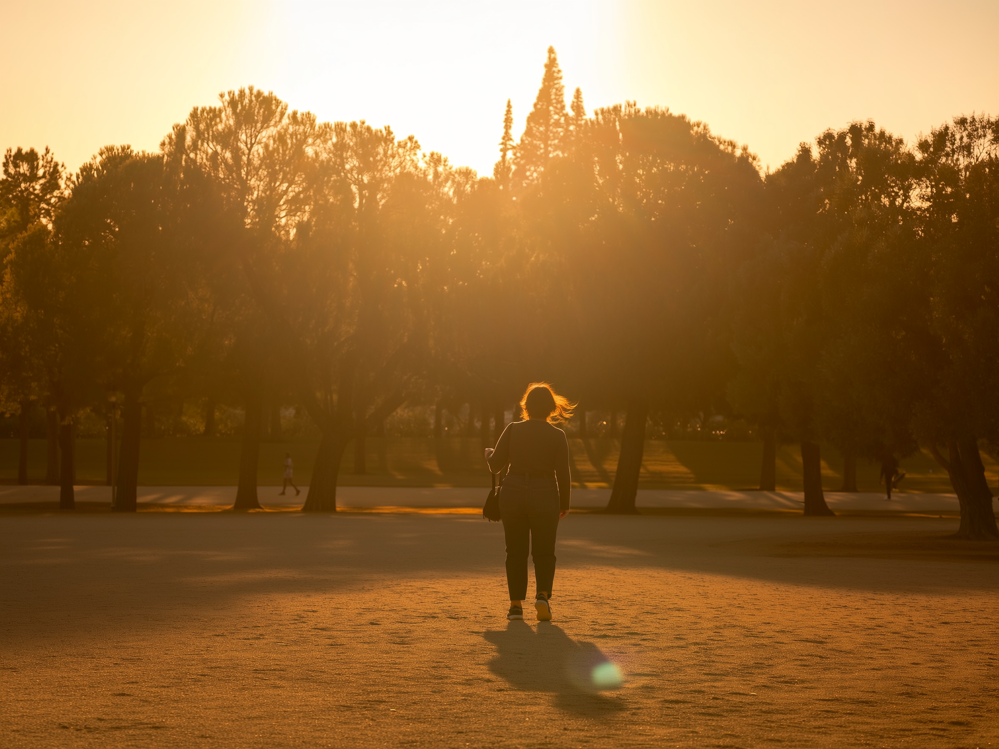 Mujer caminando tranquilamente en un parque con luz dorada, simbolizando el proceso de sanación