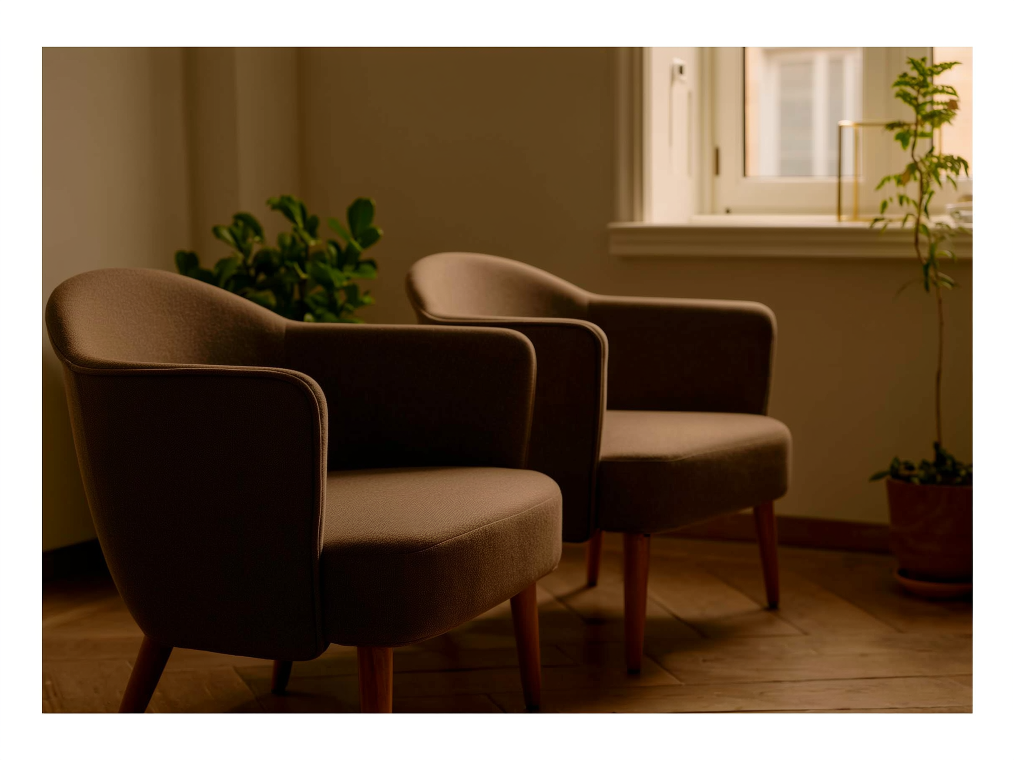 Consulta de terapia acogedora con dos sillones y ambiente cálido