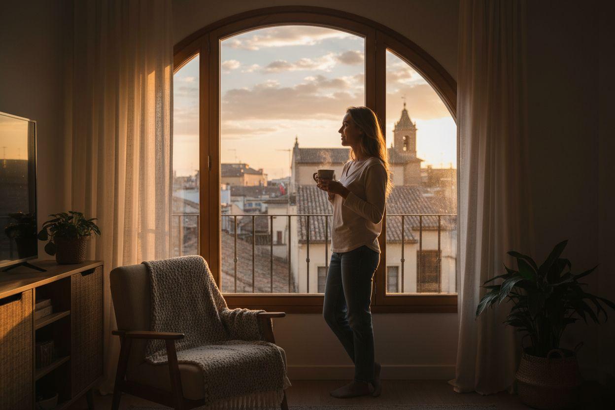 Mujer contemplando un amanecer desde una ventana con una taza de té, ambiente sereno y esperanzador