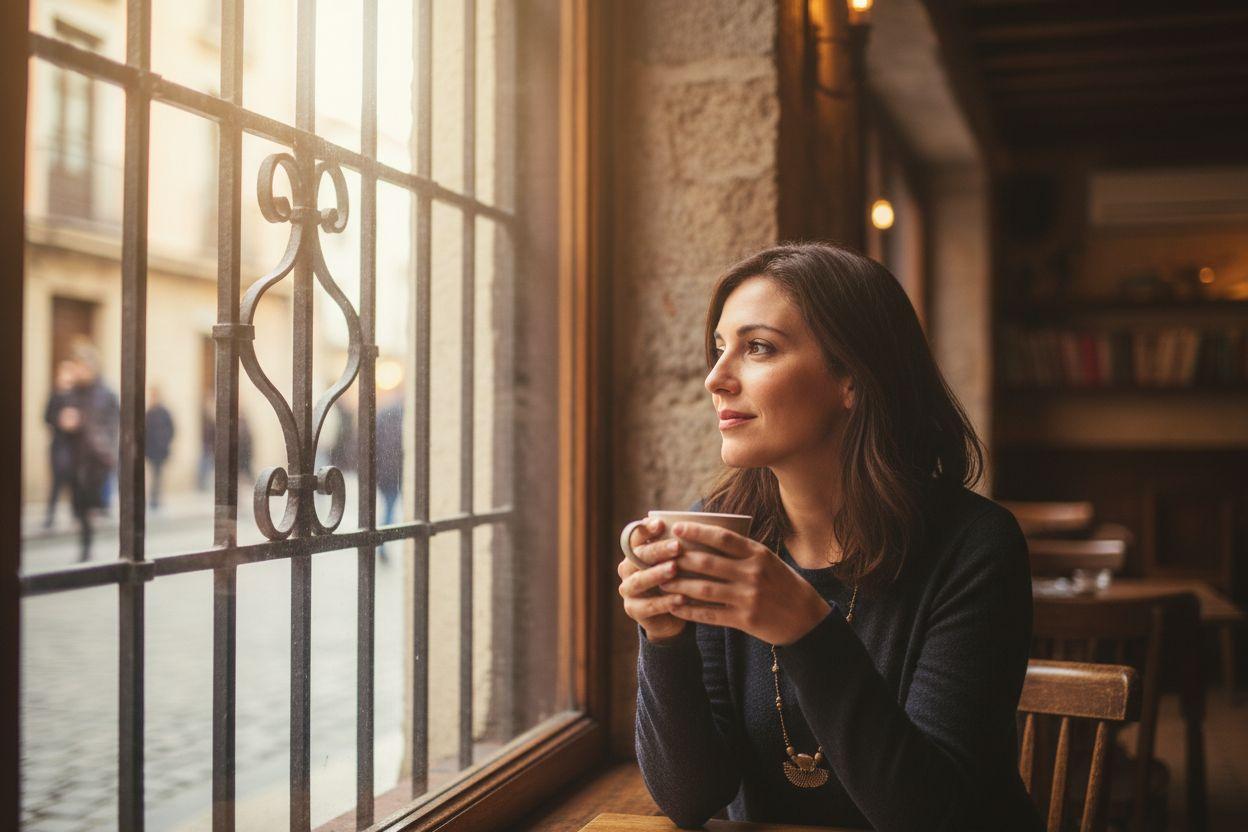 Mujer contemplando por la ventana en un café con luz suave, representando la reflexión sobre la soledad emocional
