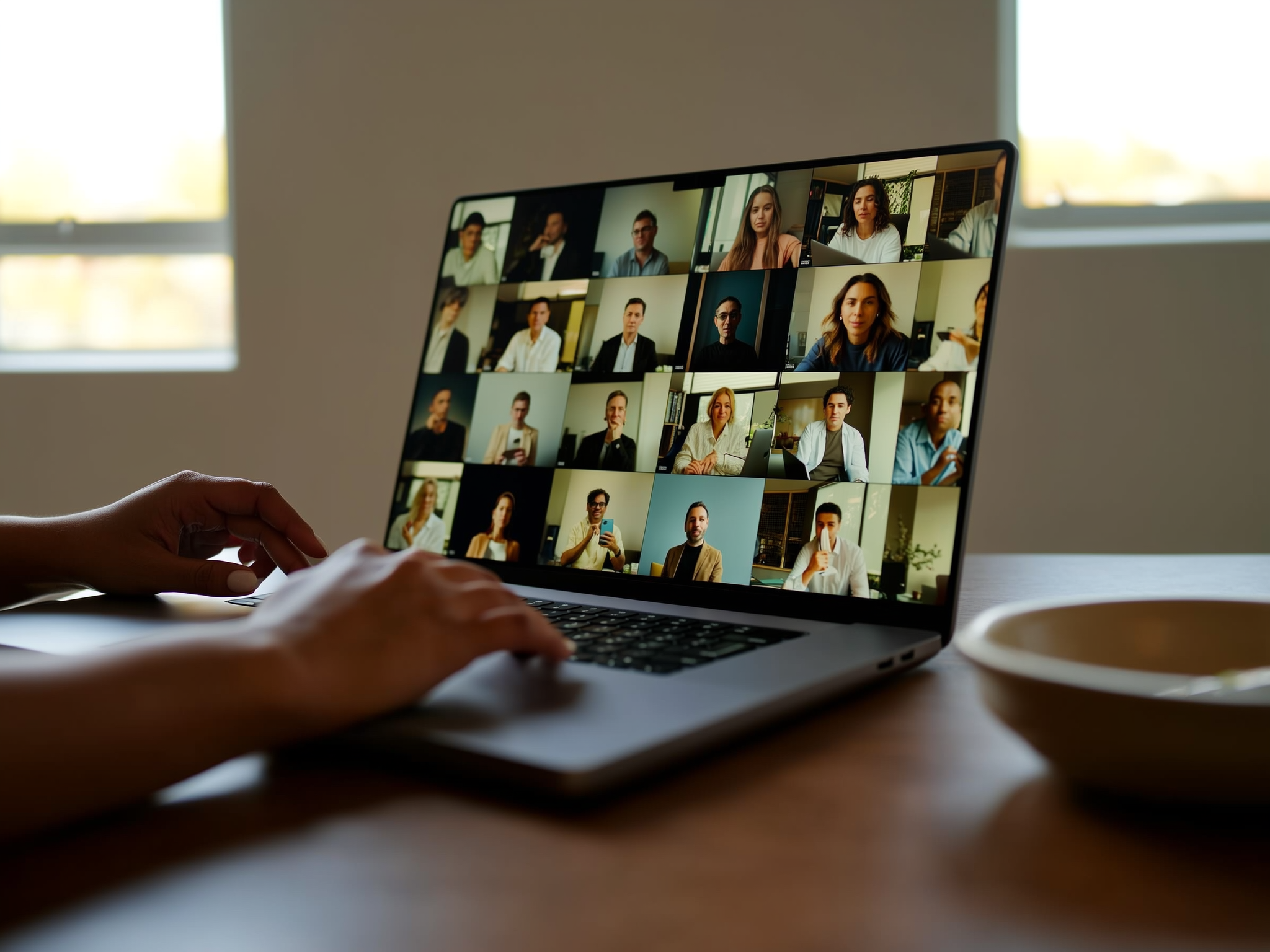 Manos escribiendo en portátil con múltiples videollamadas abiertas en pantalla