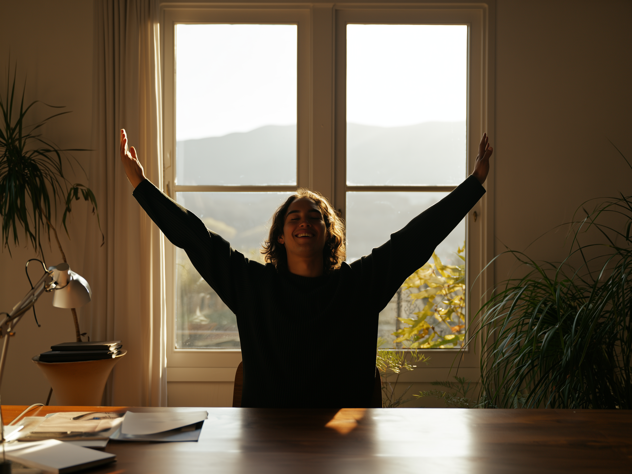 Persona estirándose en su escritorio de trabajo con luz natural de fondo