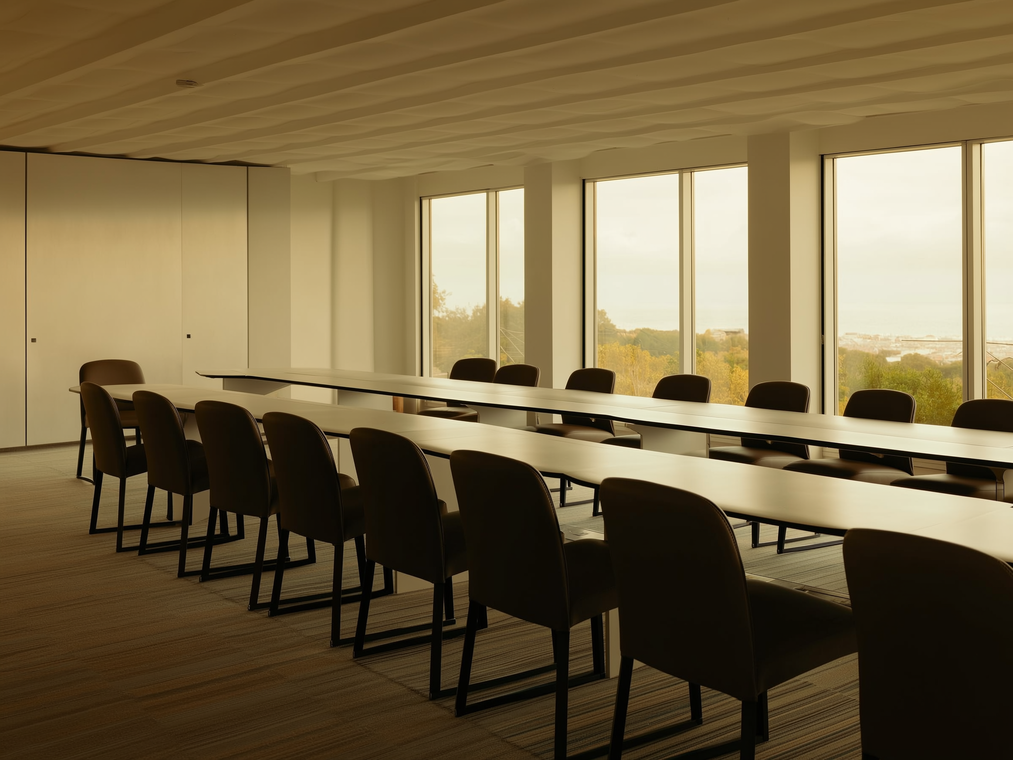 Sala de reuniones moderna con luz natural y ambiente sereno antes de una junta importante