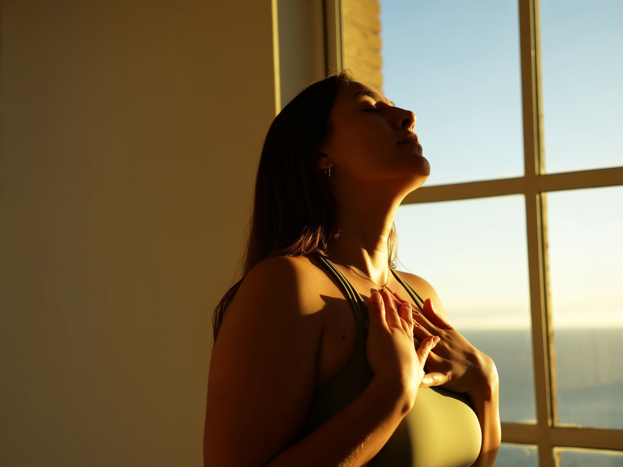 Persona practicando respiración profunda junto a ventana con luz natural suave