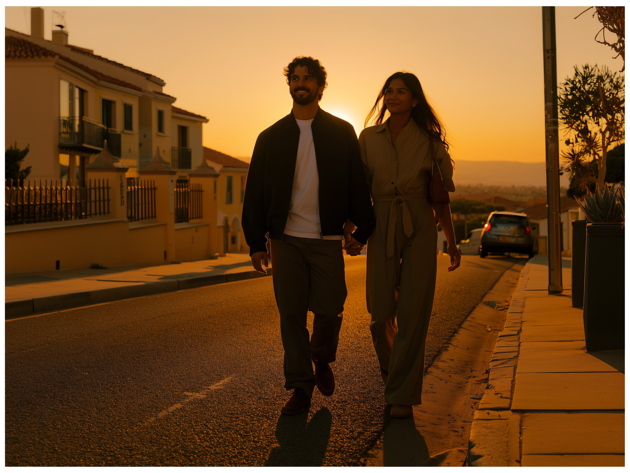 Pareja caminando juntos hacia el futuro con confianza y unión