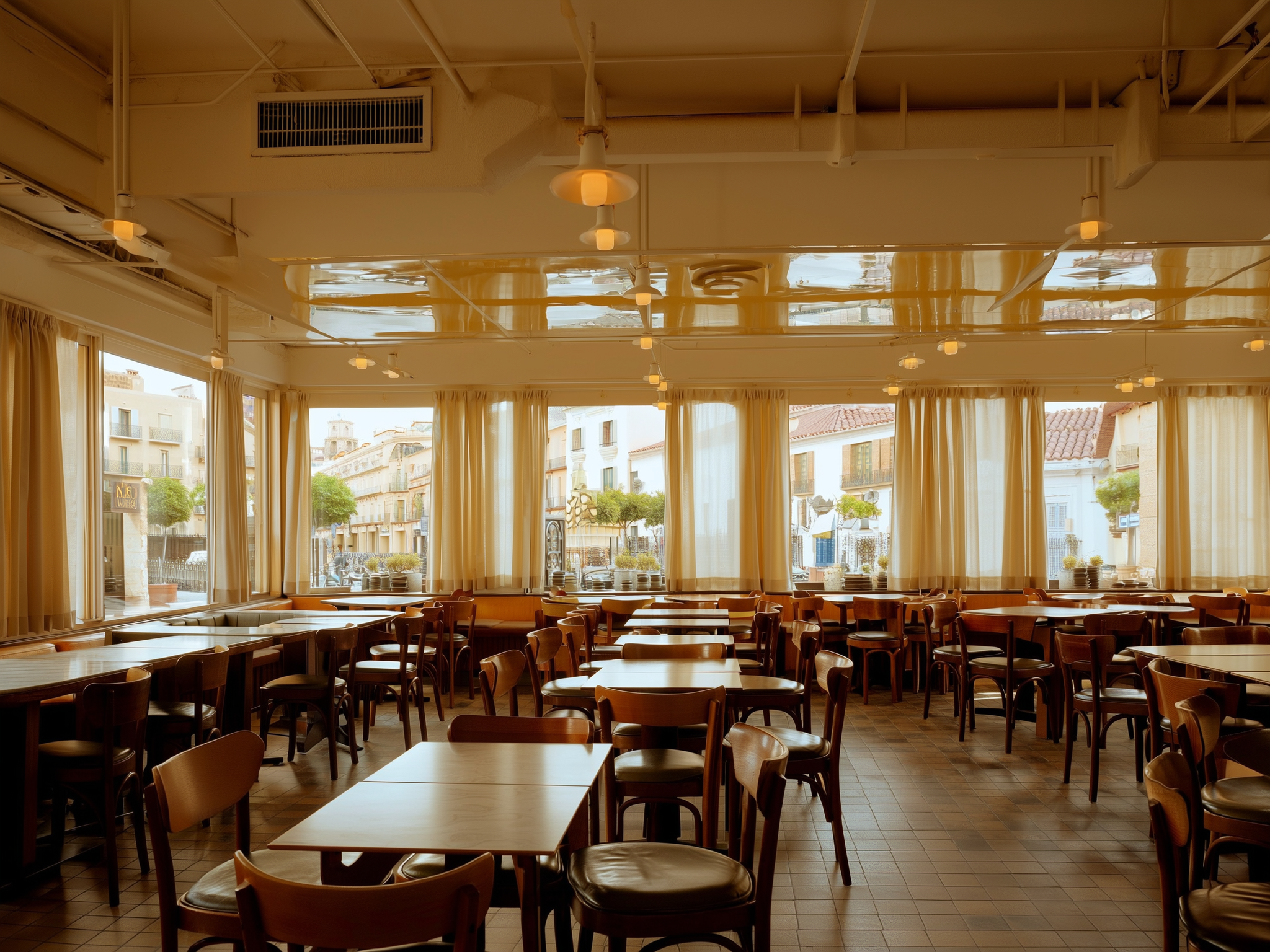 Interior luminoso de café europeo con grandes ventanas, simbolizando esperanza y nuevos comienzos