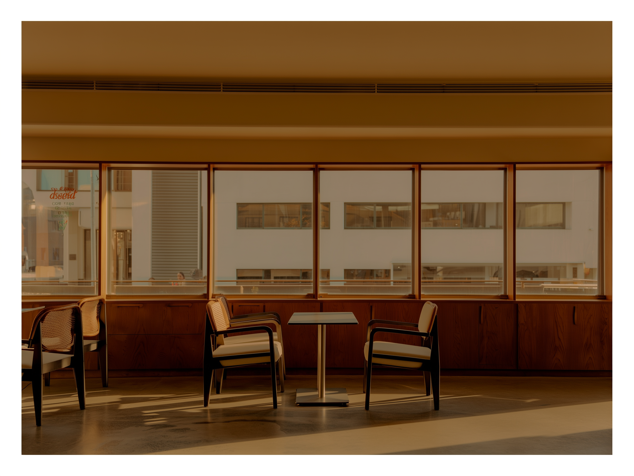 Café tranquilo con dos sillas representando conversaciones en espacio neutral