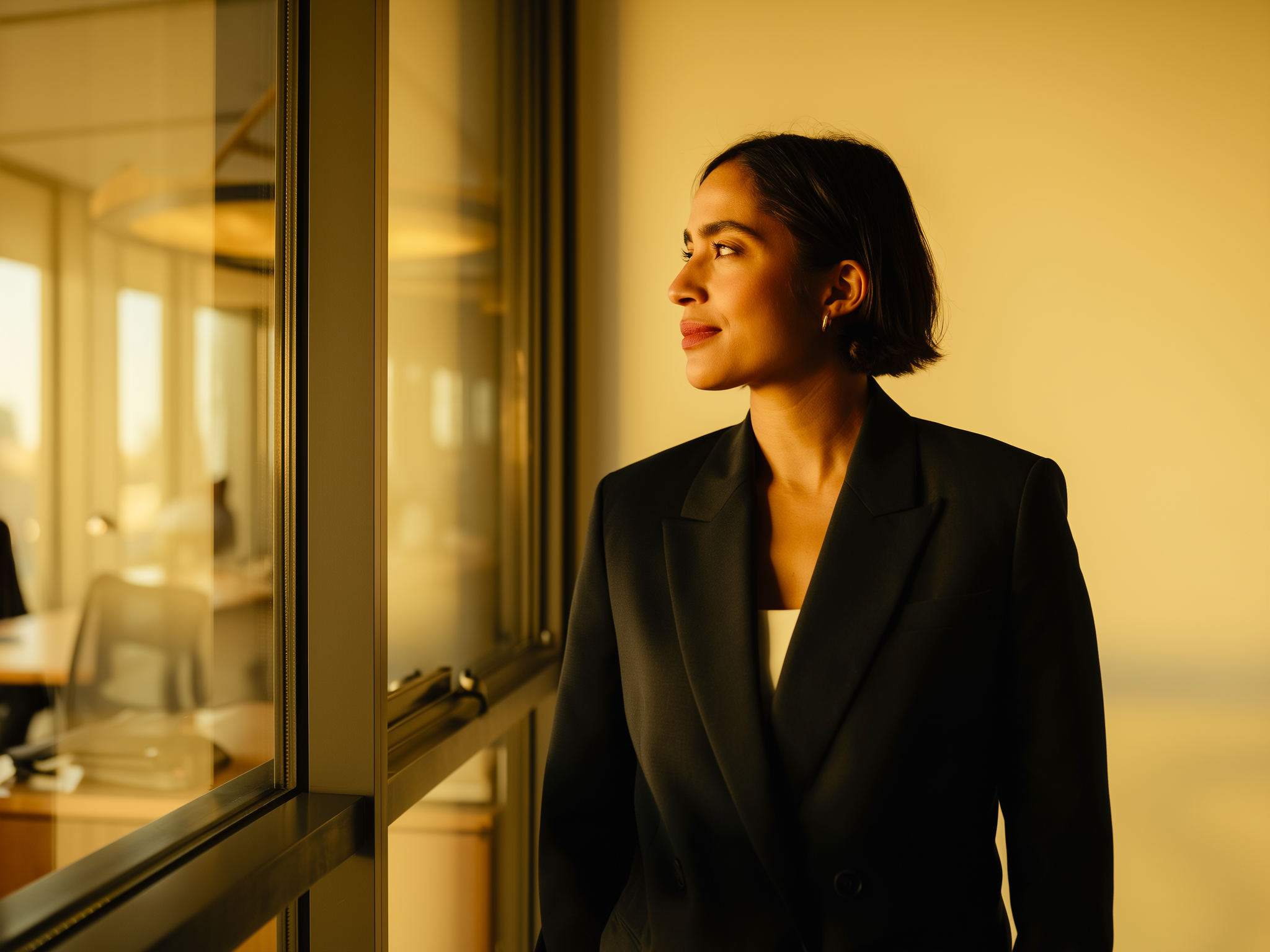 Mujer profesional mirando por ventana de oficina con expresión reflexiva