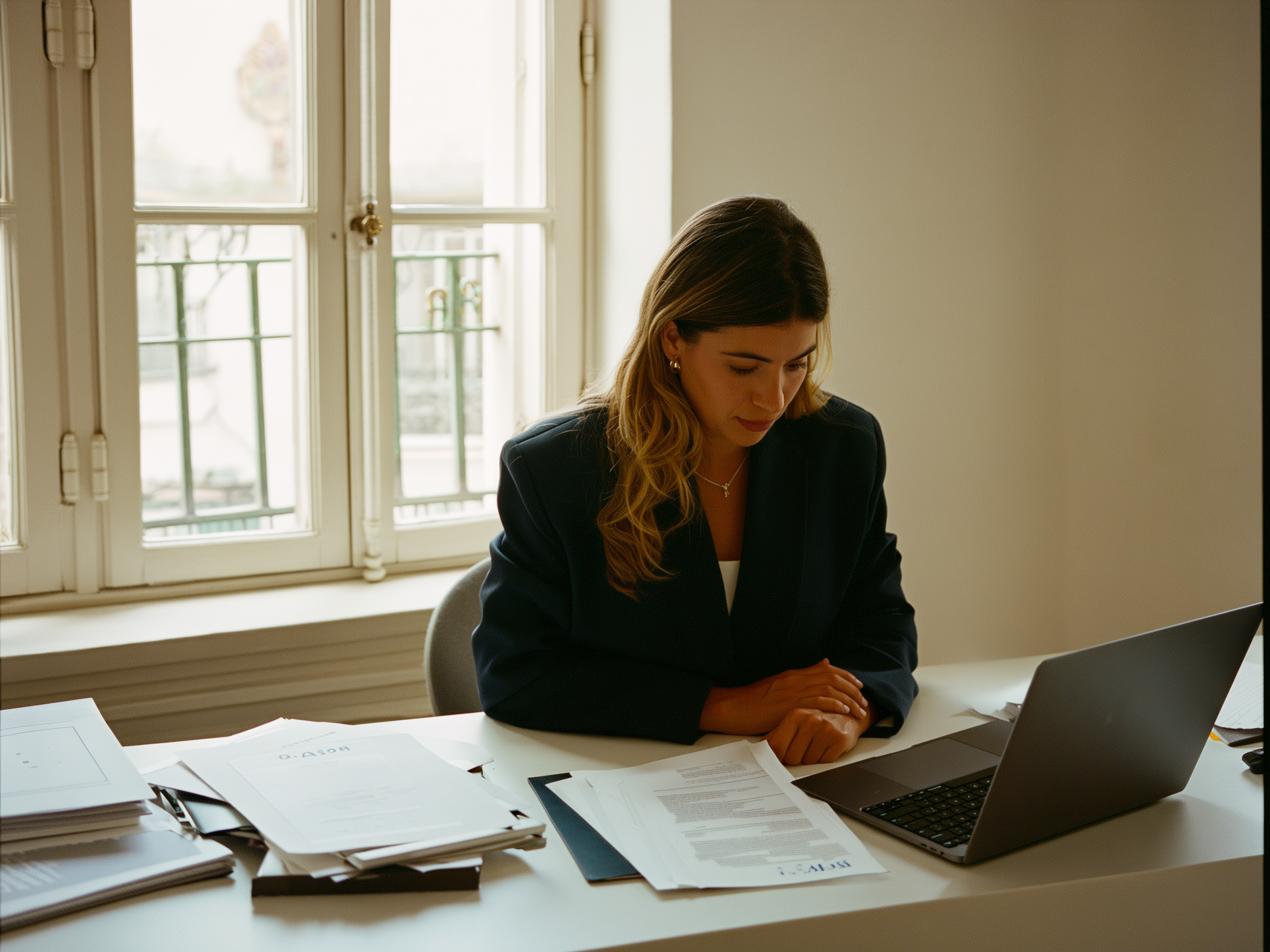 Mujer profesional sentada en escritorio con documentos, luz natural, ambiente sereno de oficina moderna