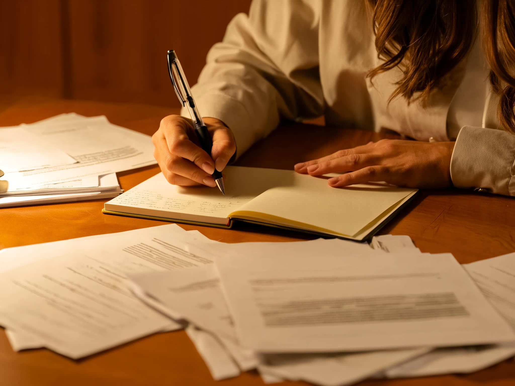 Manos femeninas documentando situaciones laborales en libreta