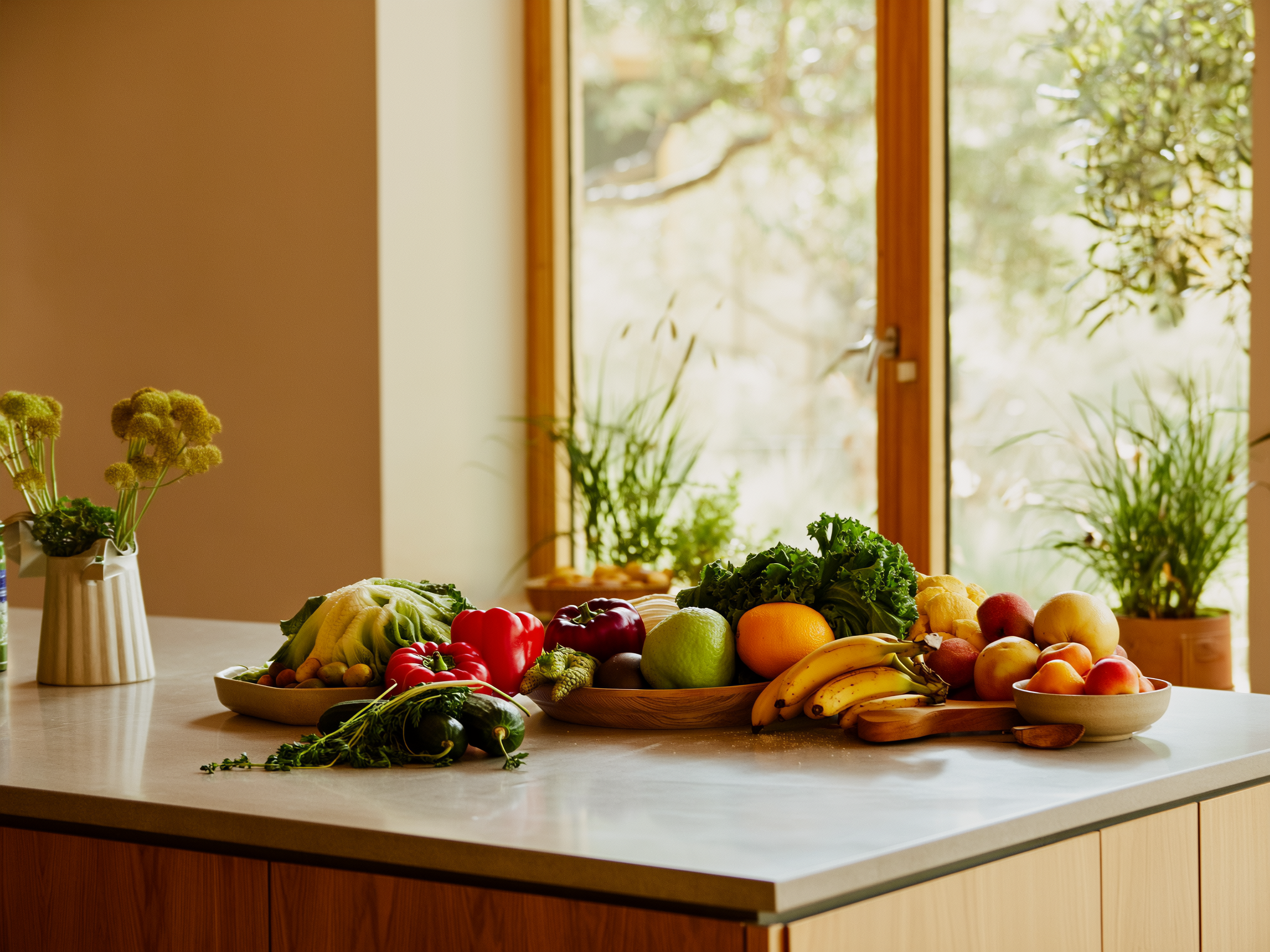 Mesa con alimentos frescos y coloridos en cocina luminosa, ambiente relajado y equilibrado