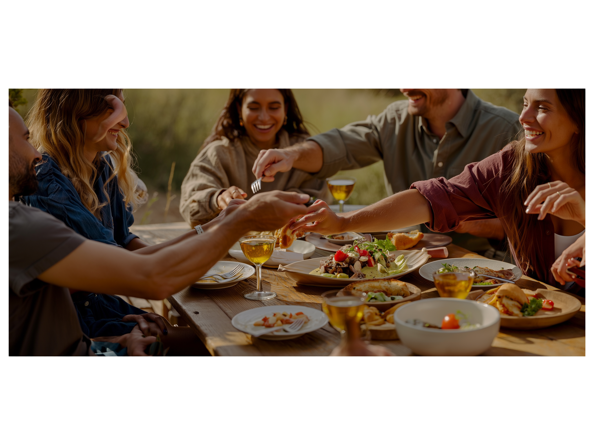 Grupo de amigos compartiendo una comida en ambiente relajado y social