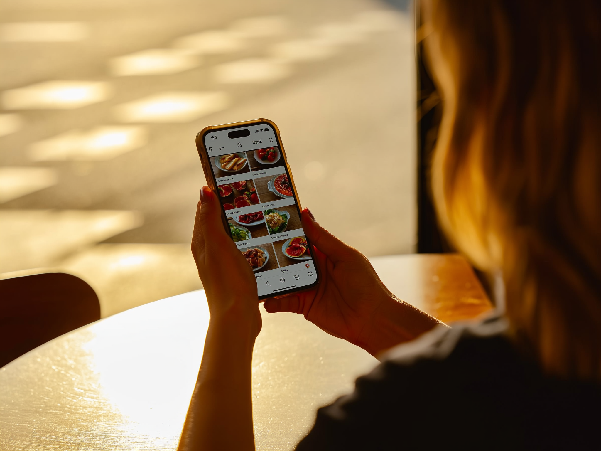 Manos navegando por redes sociales con contenido de comida saludable en un café