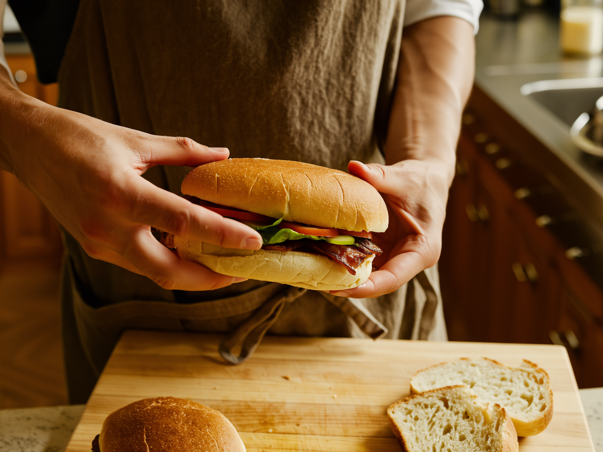 Manos preparando un bocadillo casero sencillo en ambiente relajado