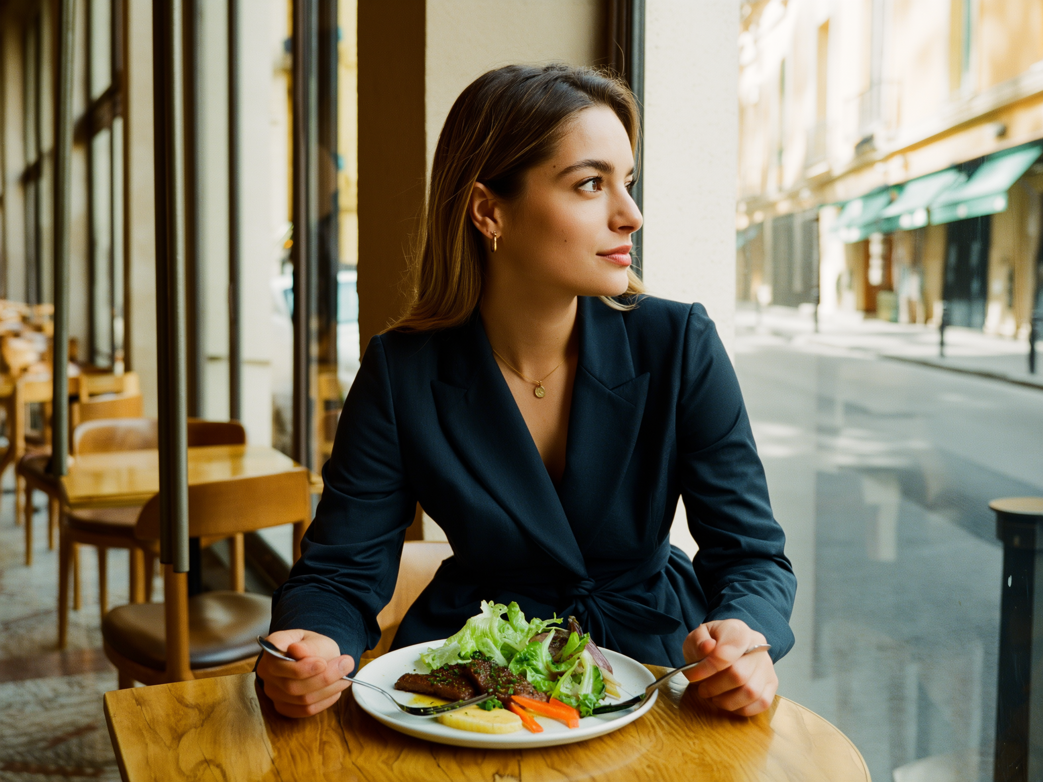 Mujer joven reflexionando sobre su comida en café moderno