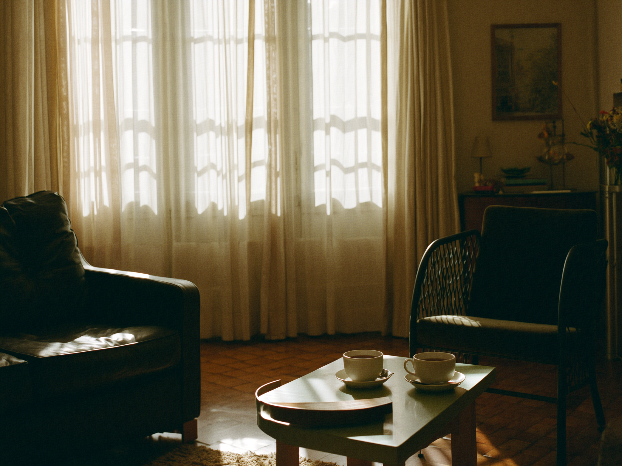 Pareja sentada en silencio en un sofá, con luz natural suave creando ambiente de reflexión y esperanza
