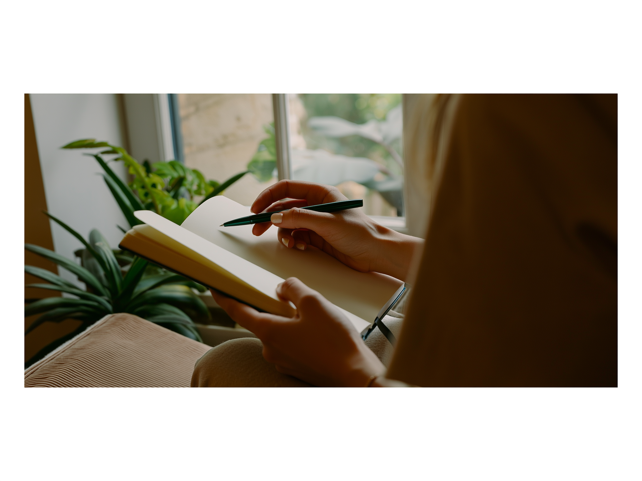 Manos femeninas escribiendo en un diario con luz natural suave