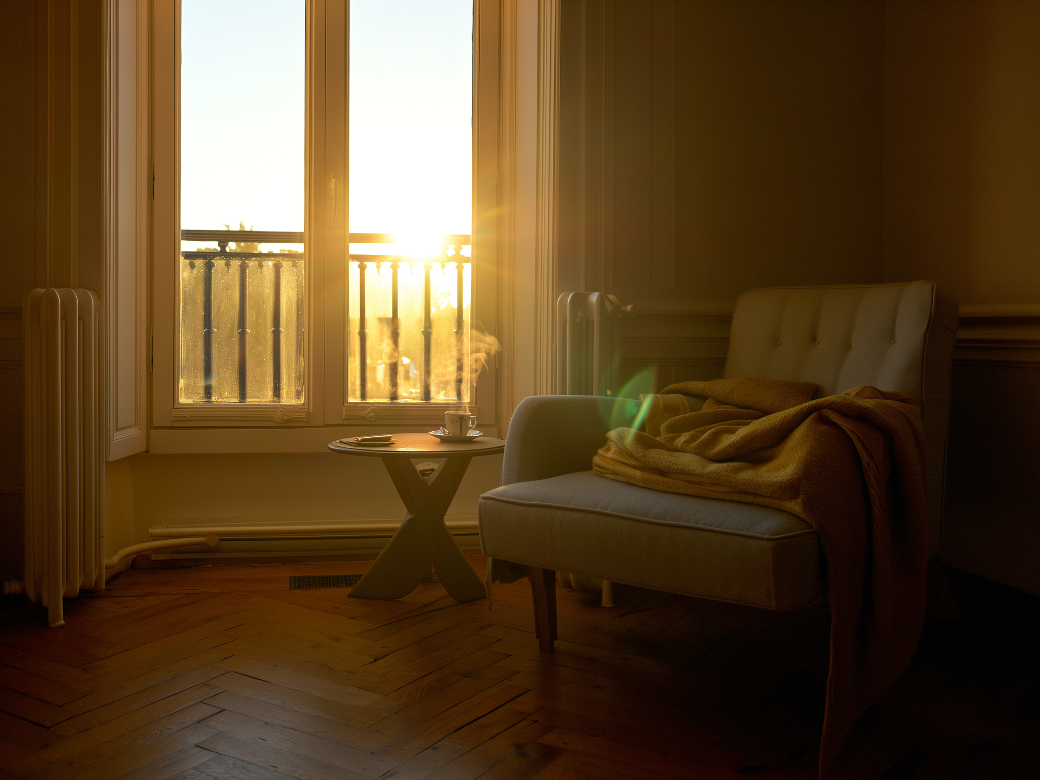 Persona contemplando un amanecer desde una ventana con una taza de té, ambiente sereno y esperanzador