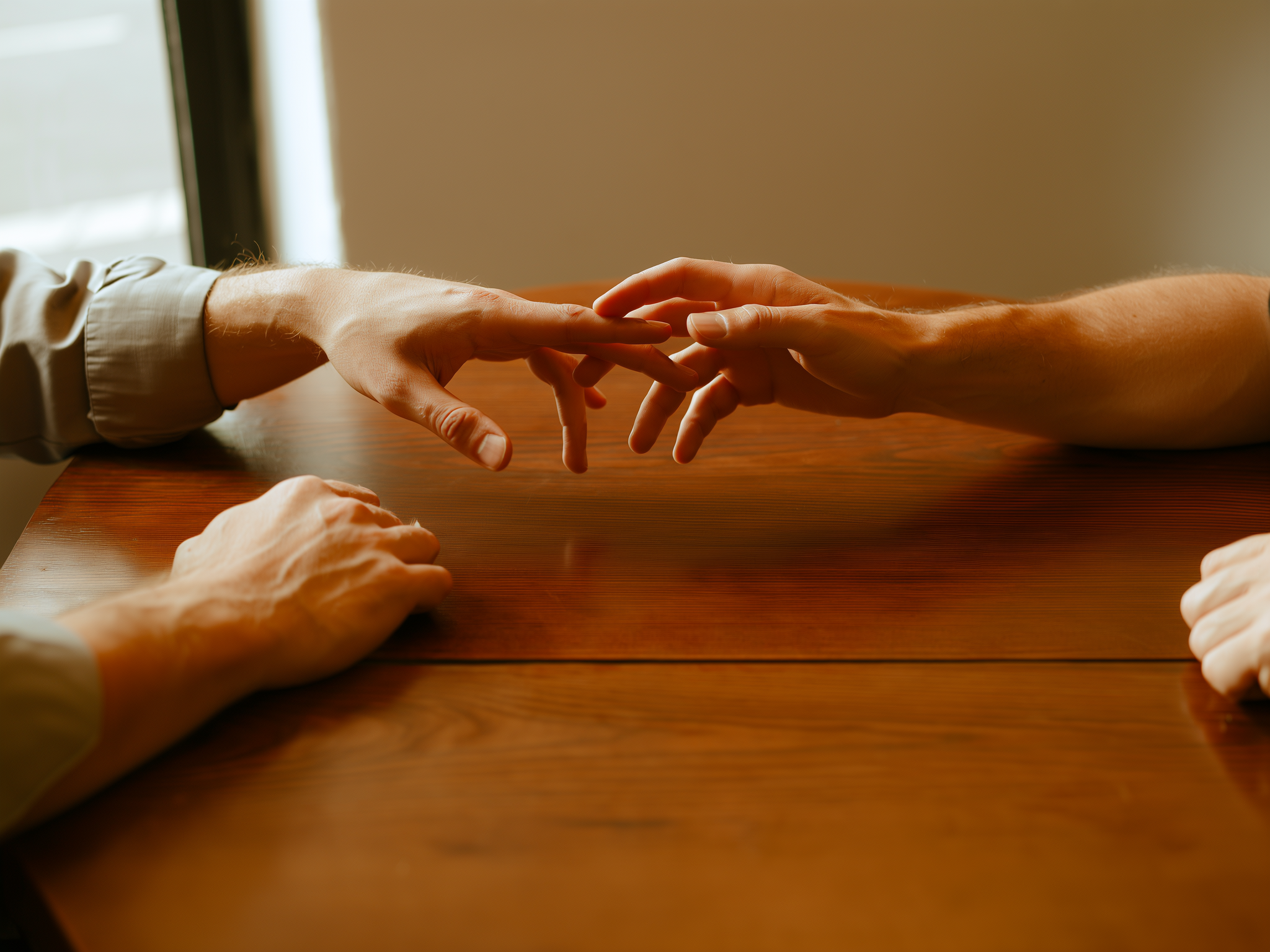 Manos de pareja intentando conectar sobre mesa de madera