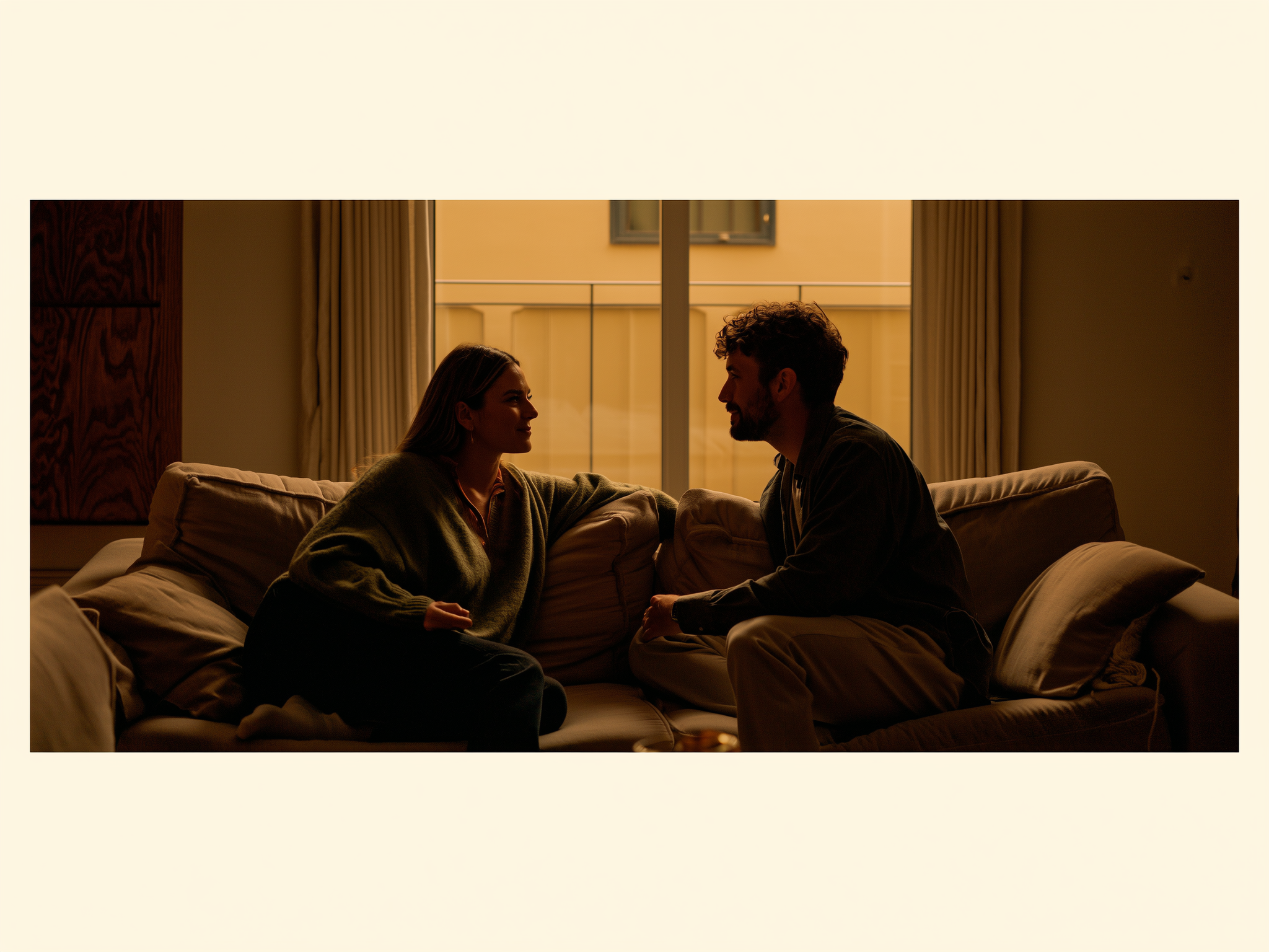 Pareja conversando tranquilamente en sofá con luz cálida
