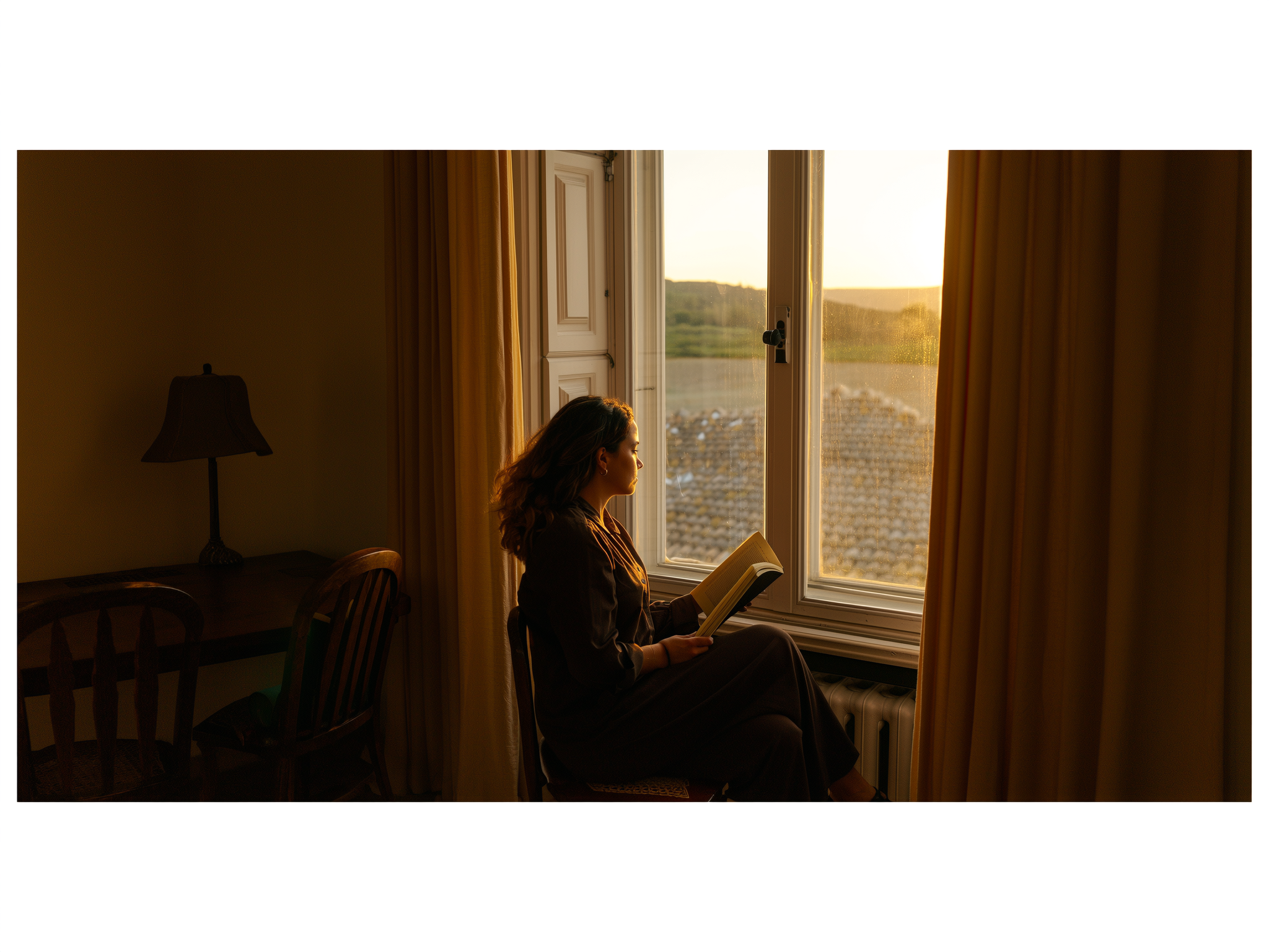 Mujer adulta mirando por ventana con luz suave, simbolizando reflexión y crecimiento personal