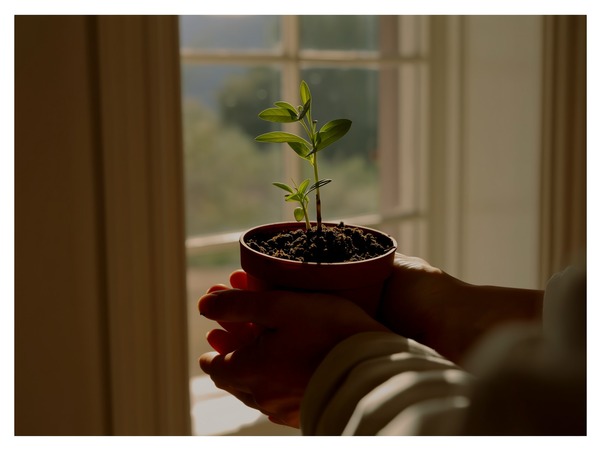 Manos cuidando una planta joven, representando el autocuidado y crecimiento personal