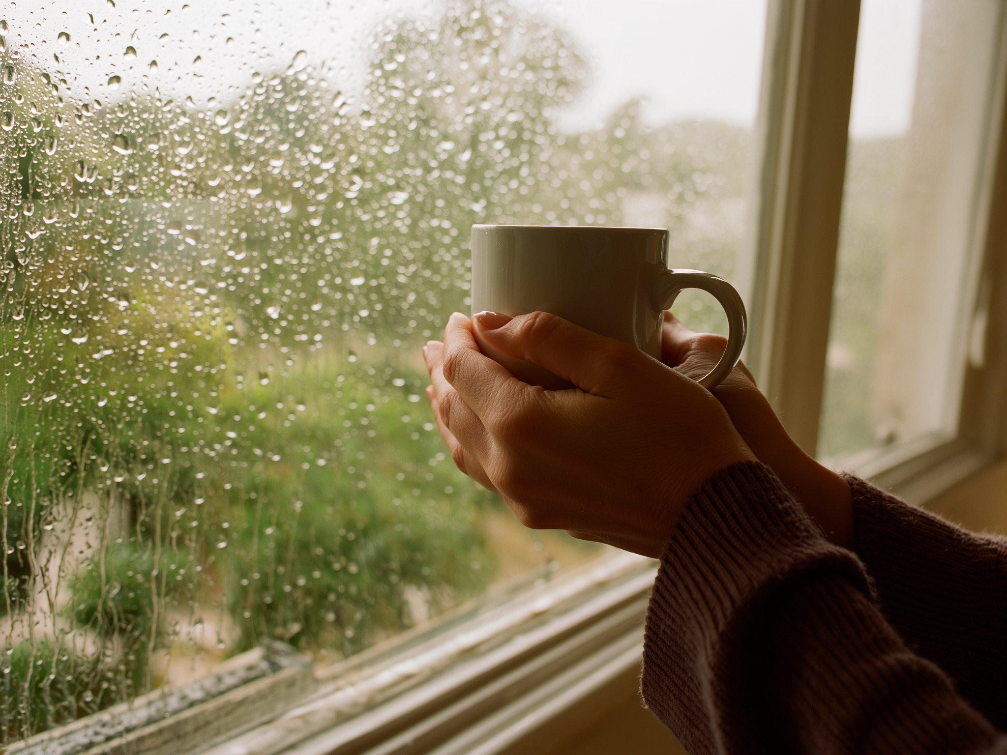 Manos femeninas sosteniendo taza de té junto a ventana con lluvia