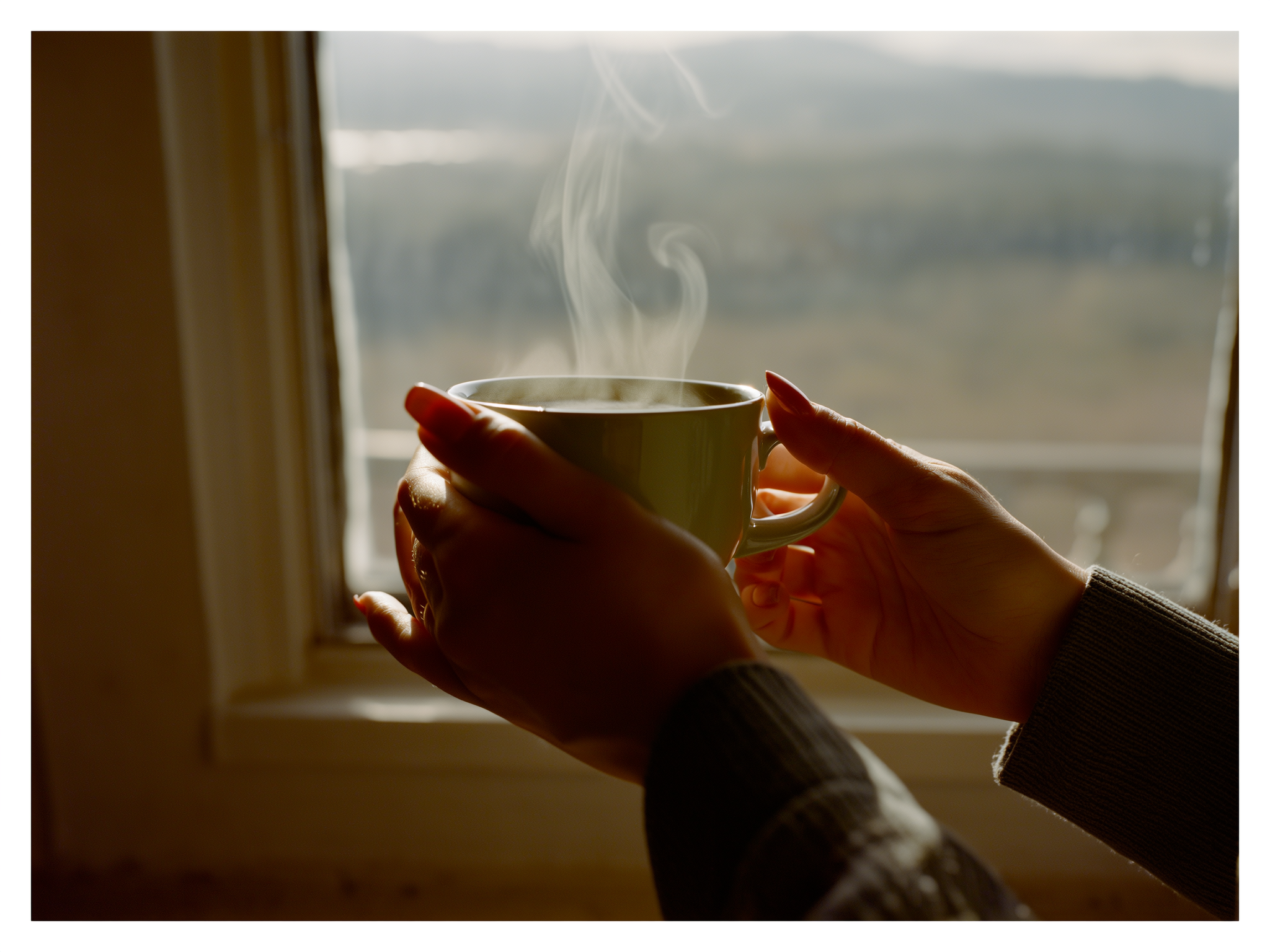 Manos femeninas sosteniendo una taza de té junto a una ventana con luz natural