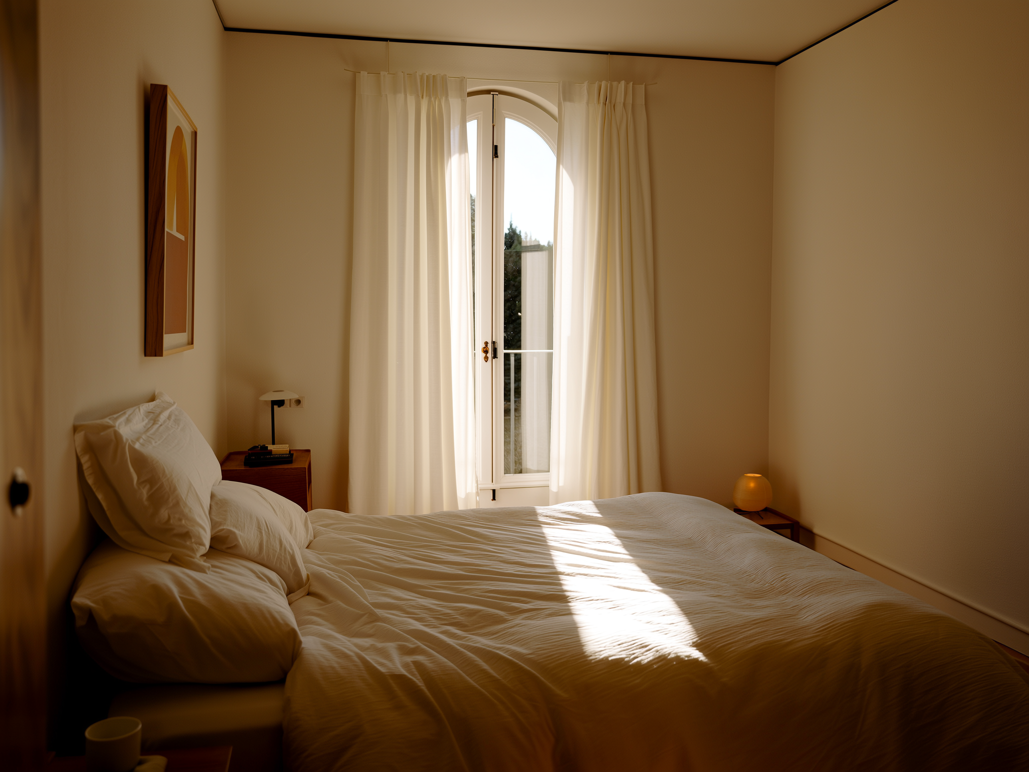 Dormitorio sereno con luz natural suave y decoración minimalista
