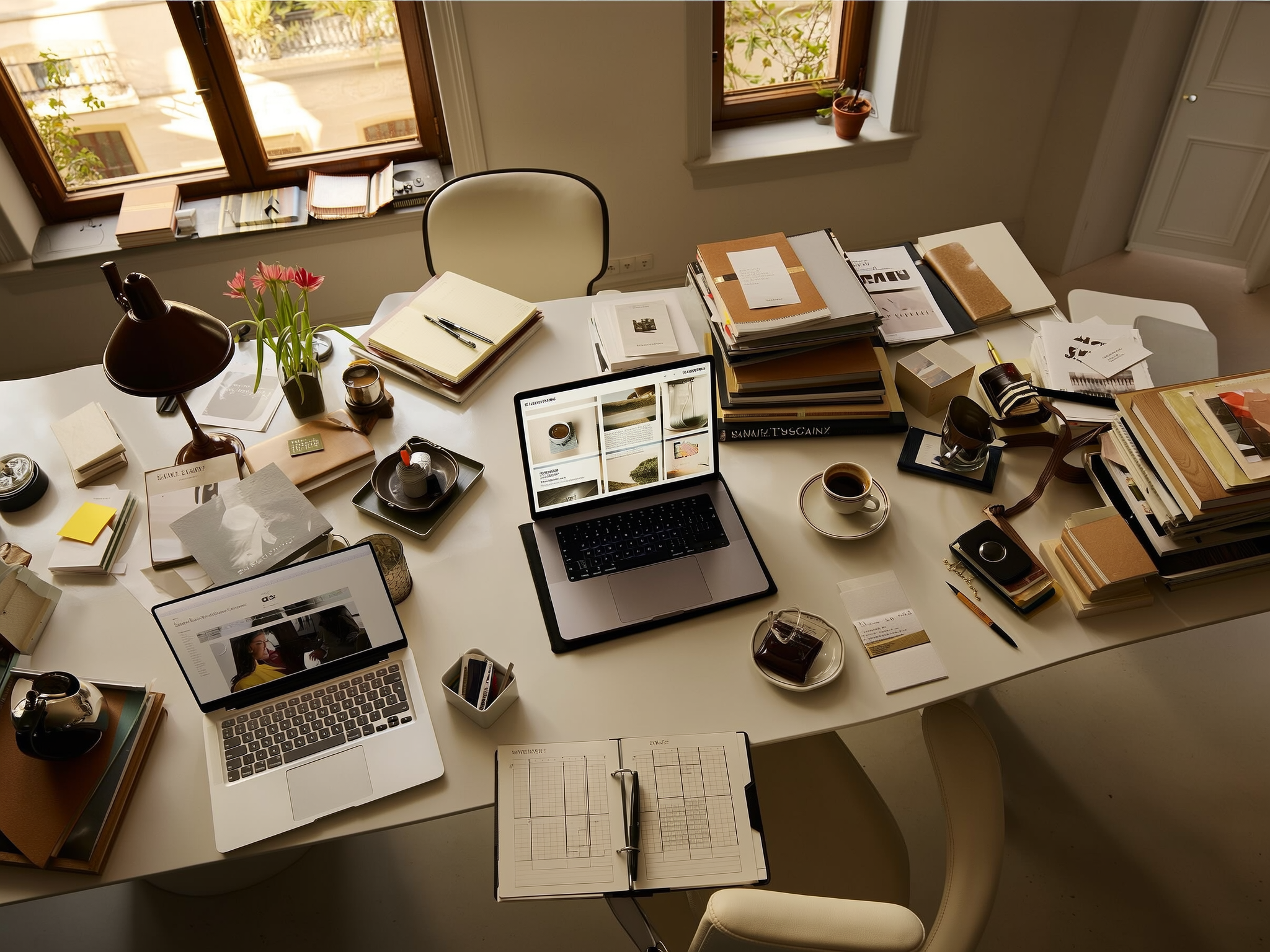 Escritorio perfectamente organizado con elementos de trabajo y vida personal