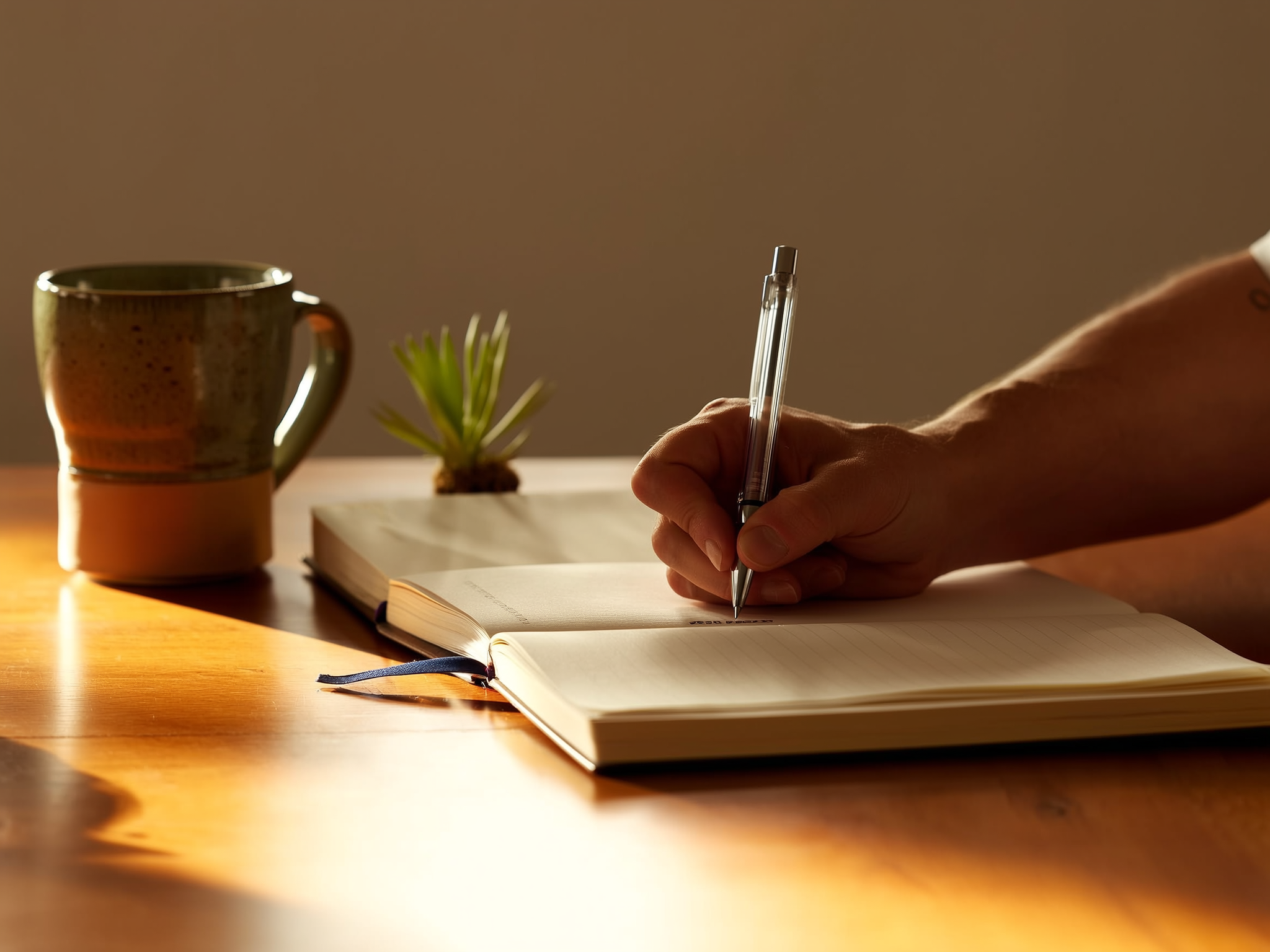 Manos escribiendo en un diario con luz natural suave