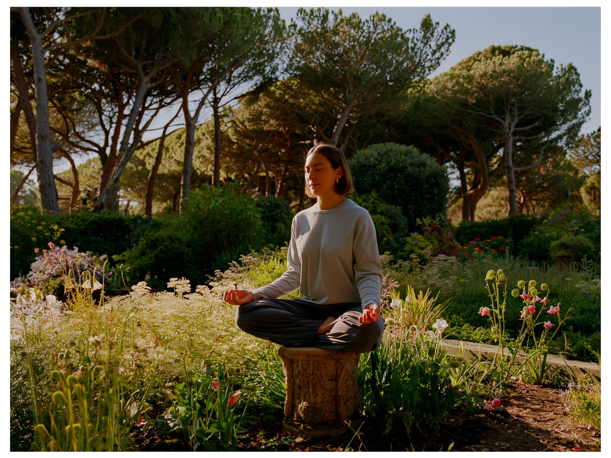 Persona meditando tranquilamente en un jardín europeo con luz suave entre árboles