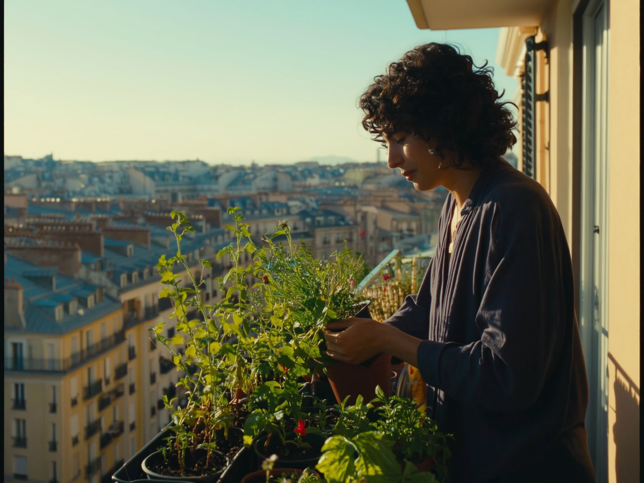 Persona cuidando plantas en un balcón, simbolizando el autocuidado y crecimiento personal