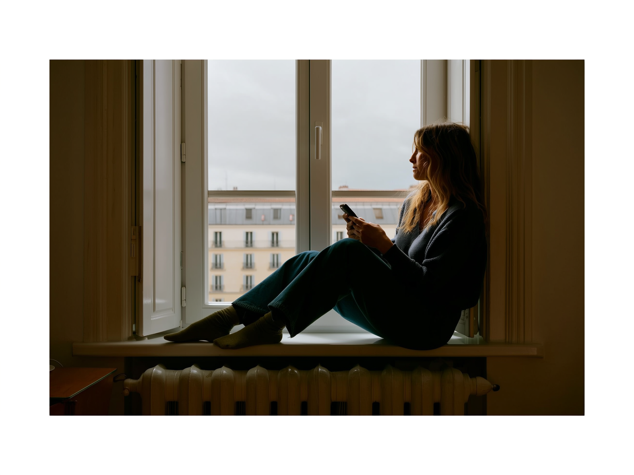 Mujer reflexiva mirando por la ventana con teléfono en las manos