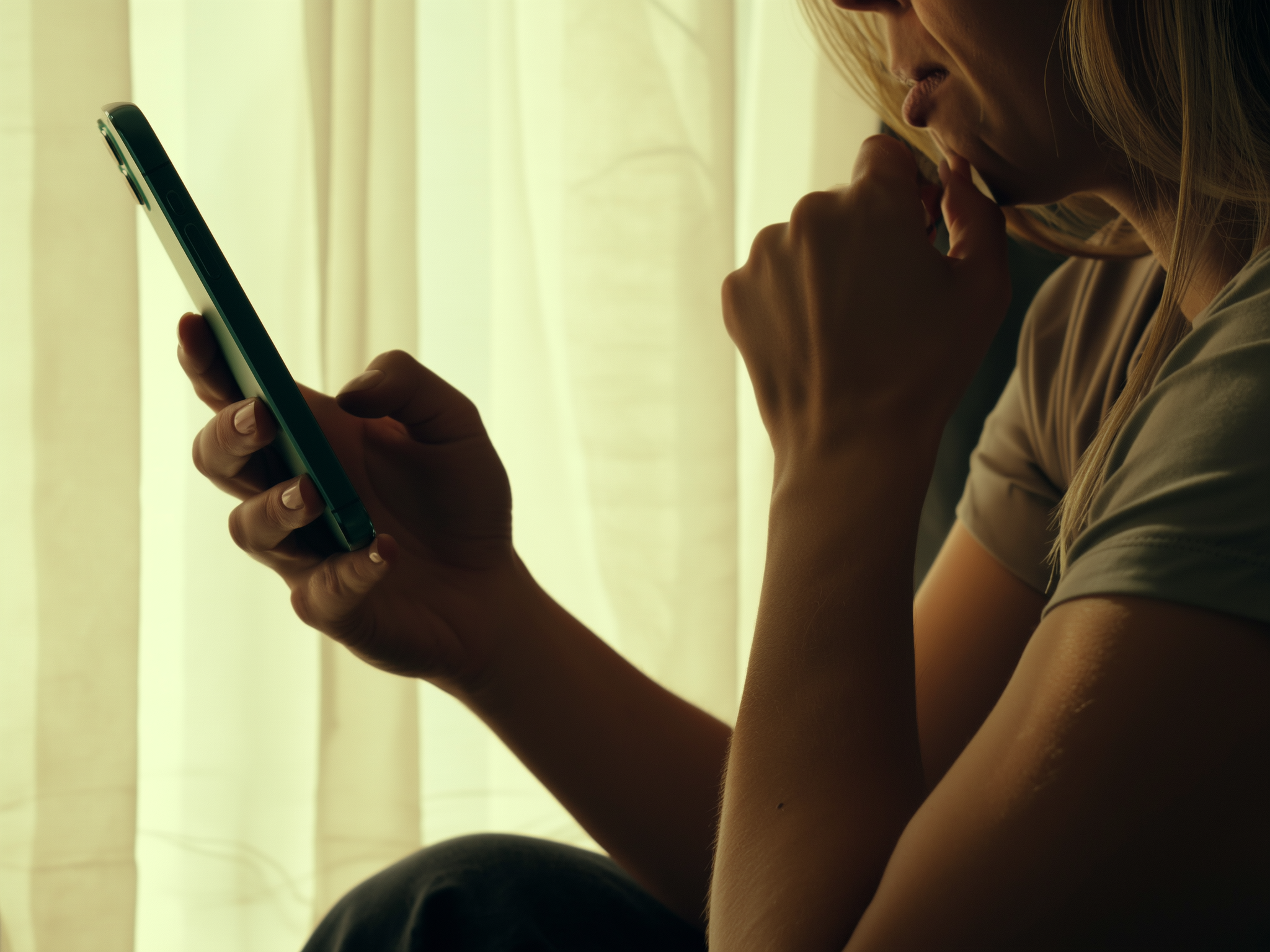 Manos sosteniendo teléfono con gesto de ansiedad