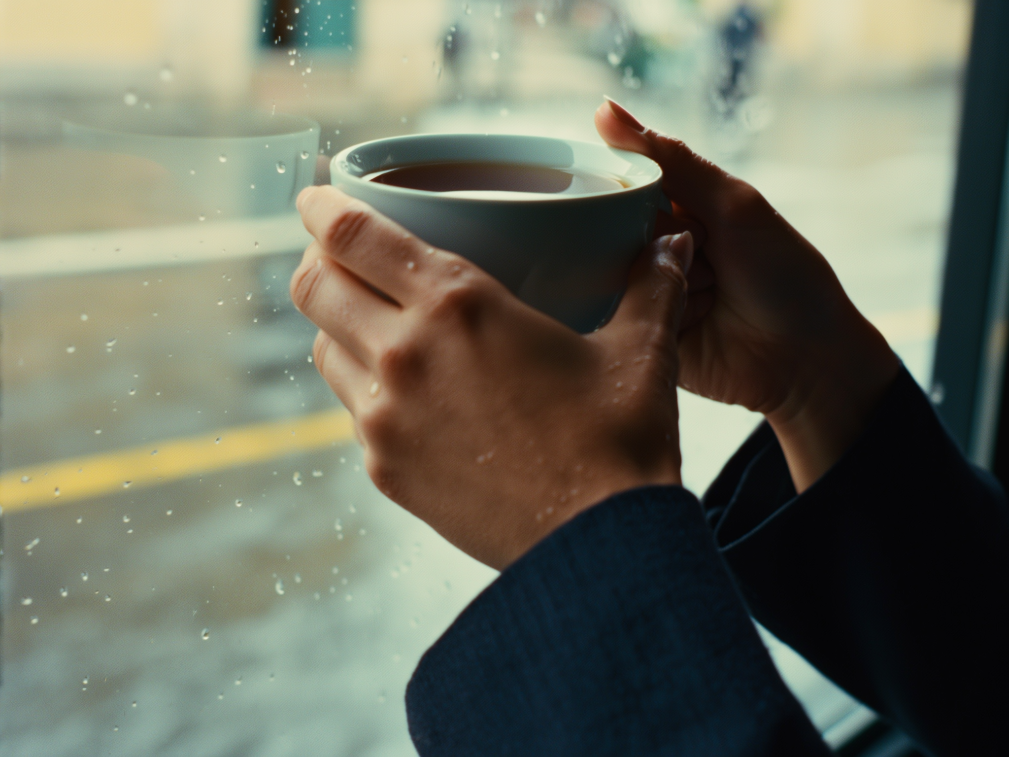 Manos sosteniendo una taza mientras mira la lluvia por la ventana