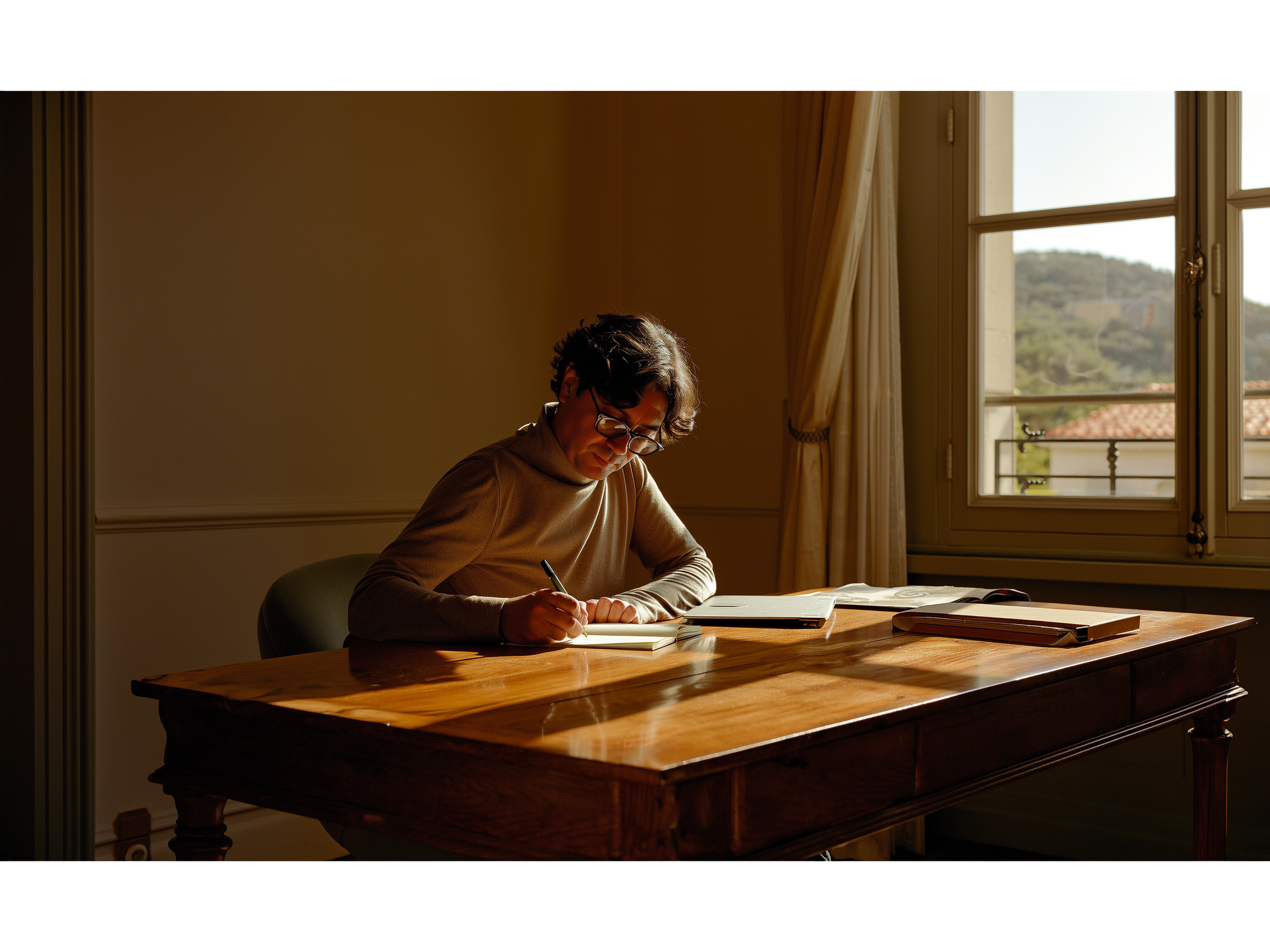 Persona escribiendo en un diario en un escritorio de madera