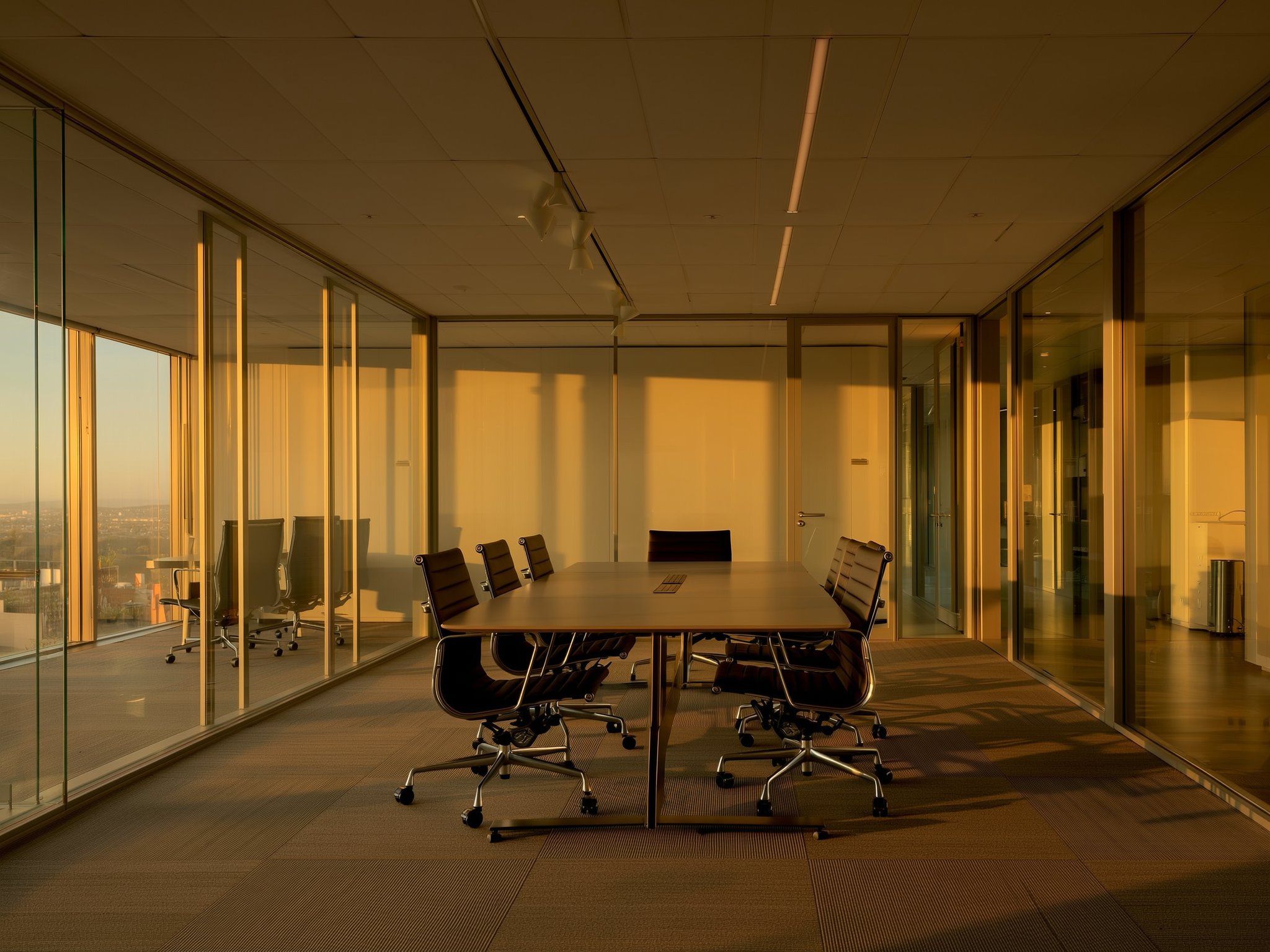 Sala de reuniones vacía con iluminación natural, ambiente corporativo moderno