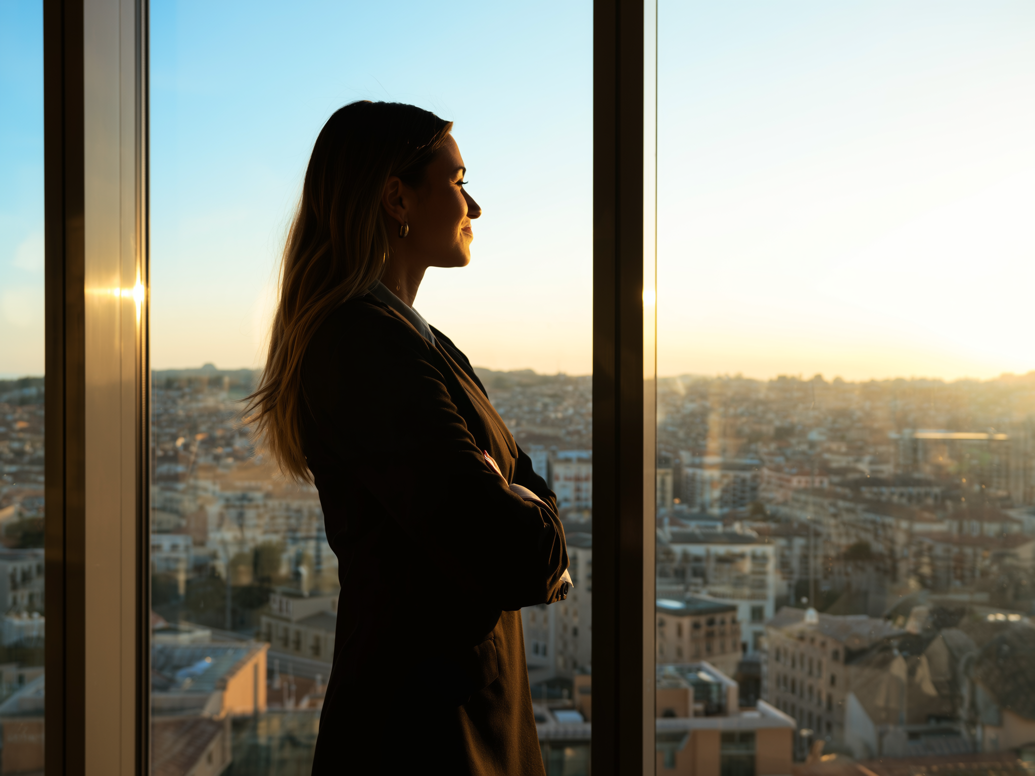 Silueta de mujer profesional contemplando la ciudad desde ventana de oficina