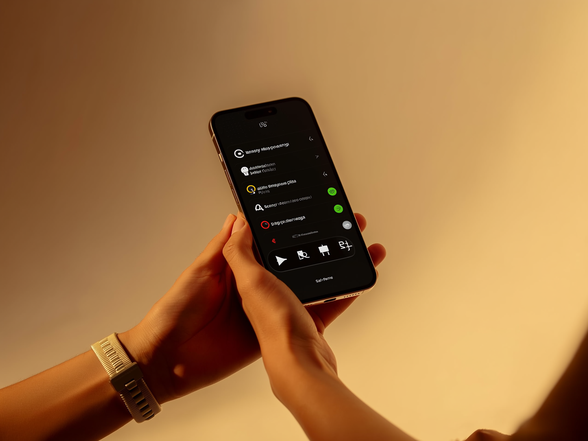 Manos configurando ajustes de privacidad en smartphone con interfaz de seguridad visible